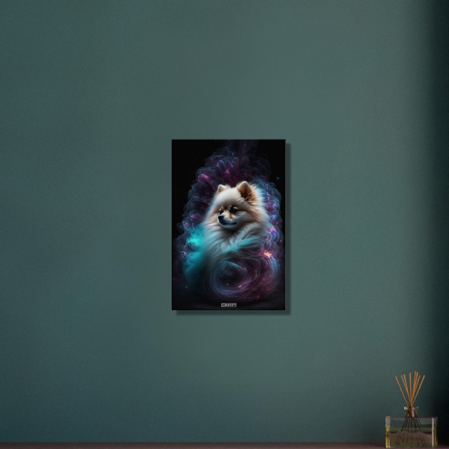 Zwergspitz Portrait kombiniert mit der Nebelwolke namens Nebula auf einer Leinwand