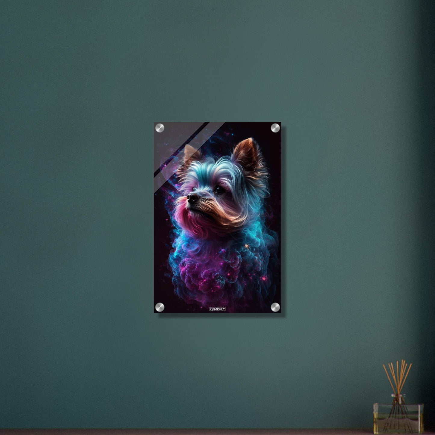 Yorkshire Terrier Portrait kombiniert mit der Nebelwolke namens Nebula auf einem Acrylbild