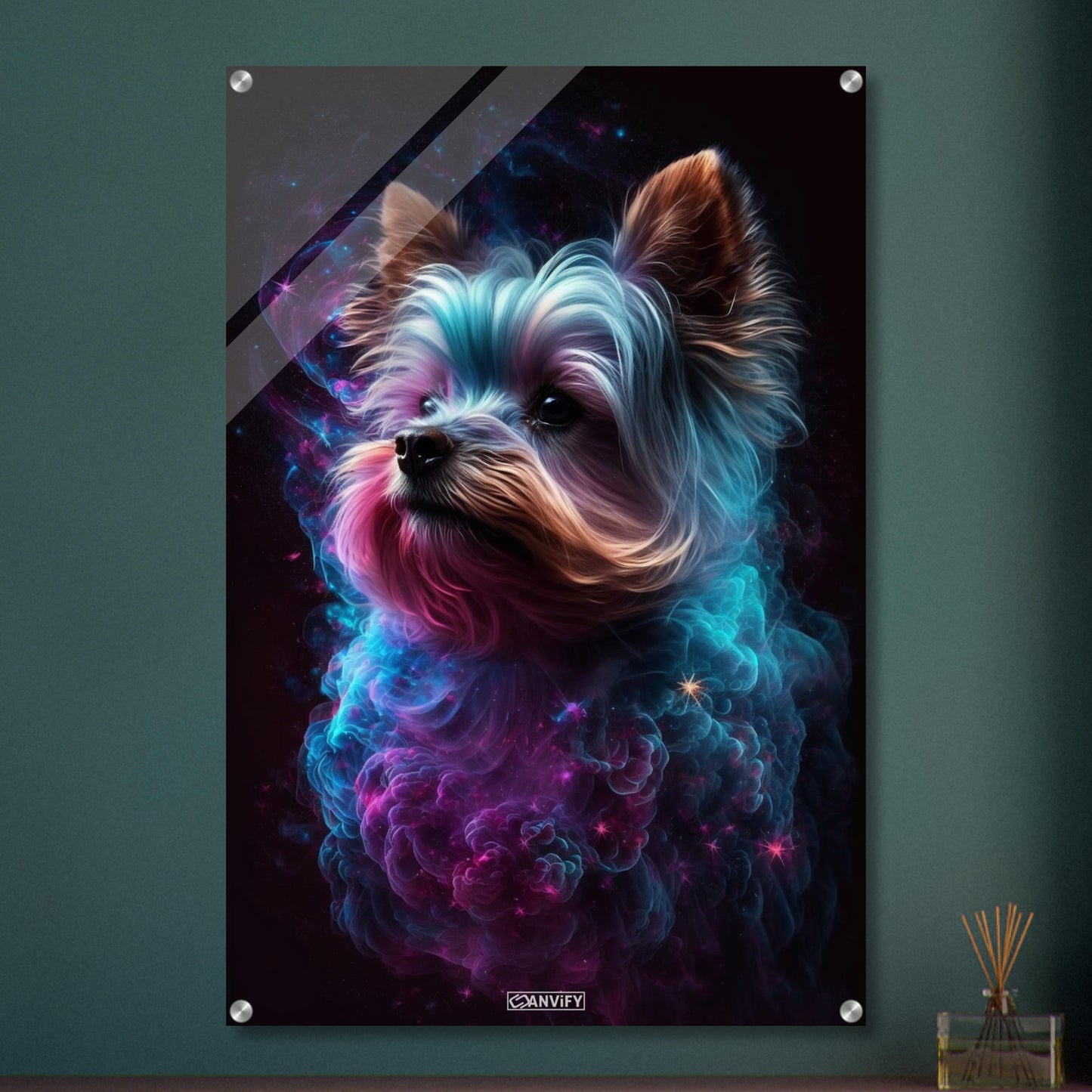 Yorkshire Terrier Portrait kombiniert mit der Nebelwolke namens Nebula auf einem Acrylbild