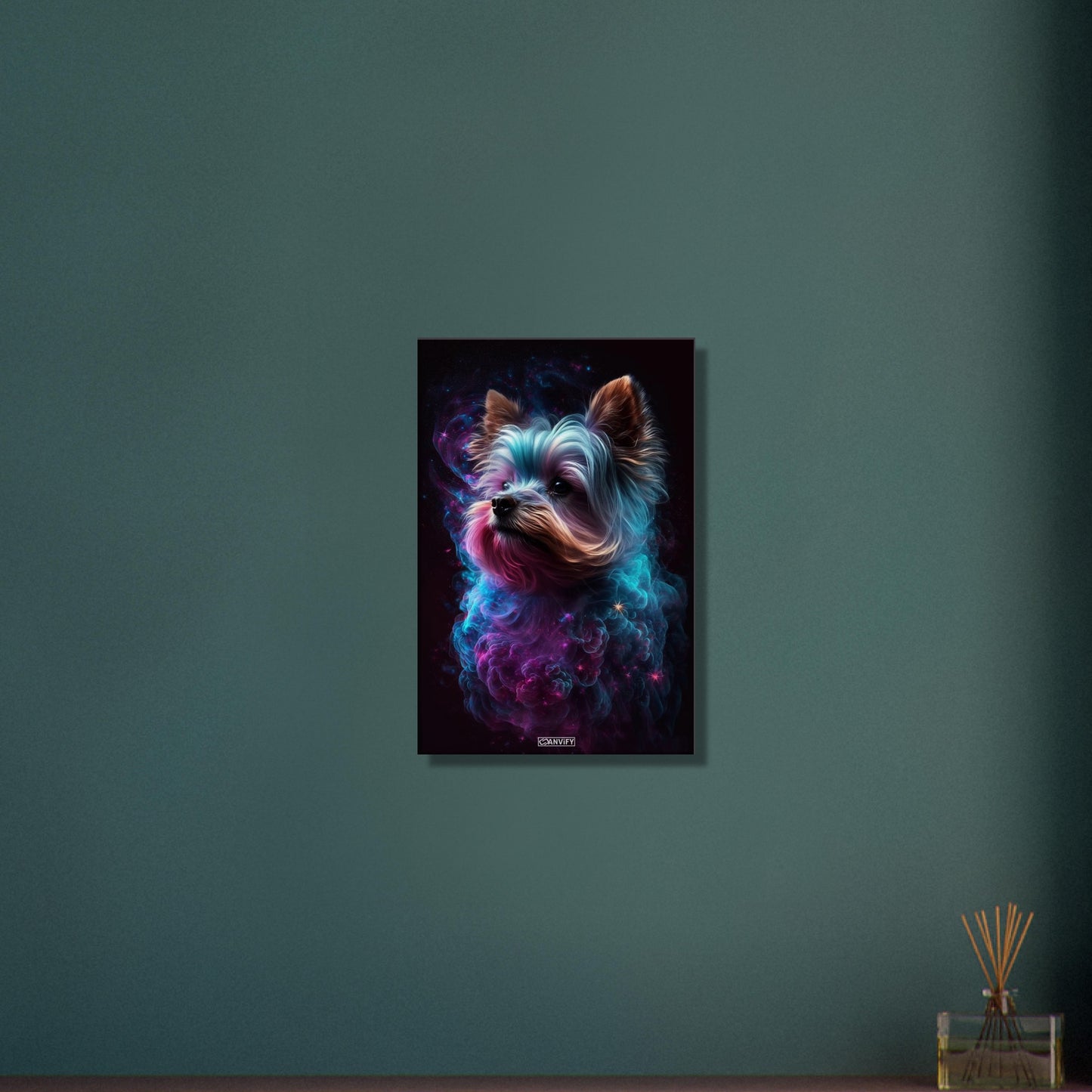 Yorkshire Terrier Portrait kombiniert mit der Nebelwolke namens Nebula auf einer Leinwand