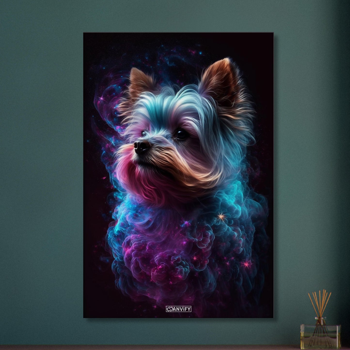 Yorkshire Terrier Portrait kombiniert mit der Nebelwolke namens Nebula auf einer Leinwand