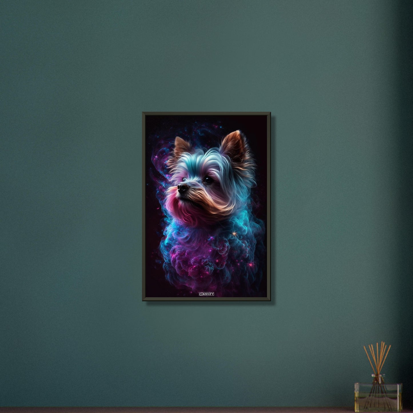 Yorkshire Terrier Portrait kombiniert mit der Nebelwolke namens Nebula auf einem Poster im Metallrahmen