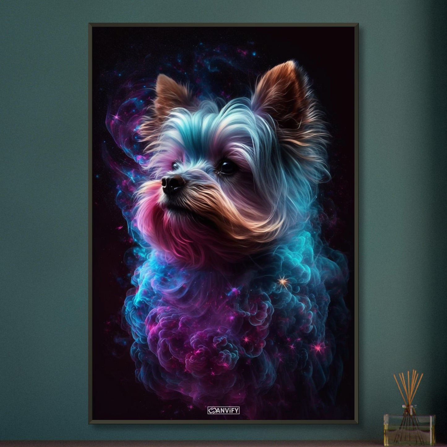 Yorkshire Terrier Portrait kombiniert mit der Nebelwolke namens Nebula auf einem Poster im Metallrahmen