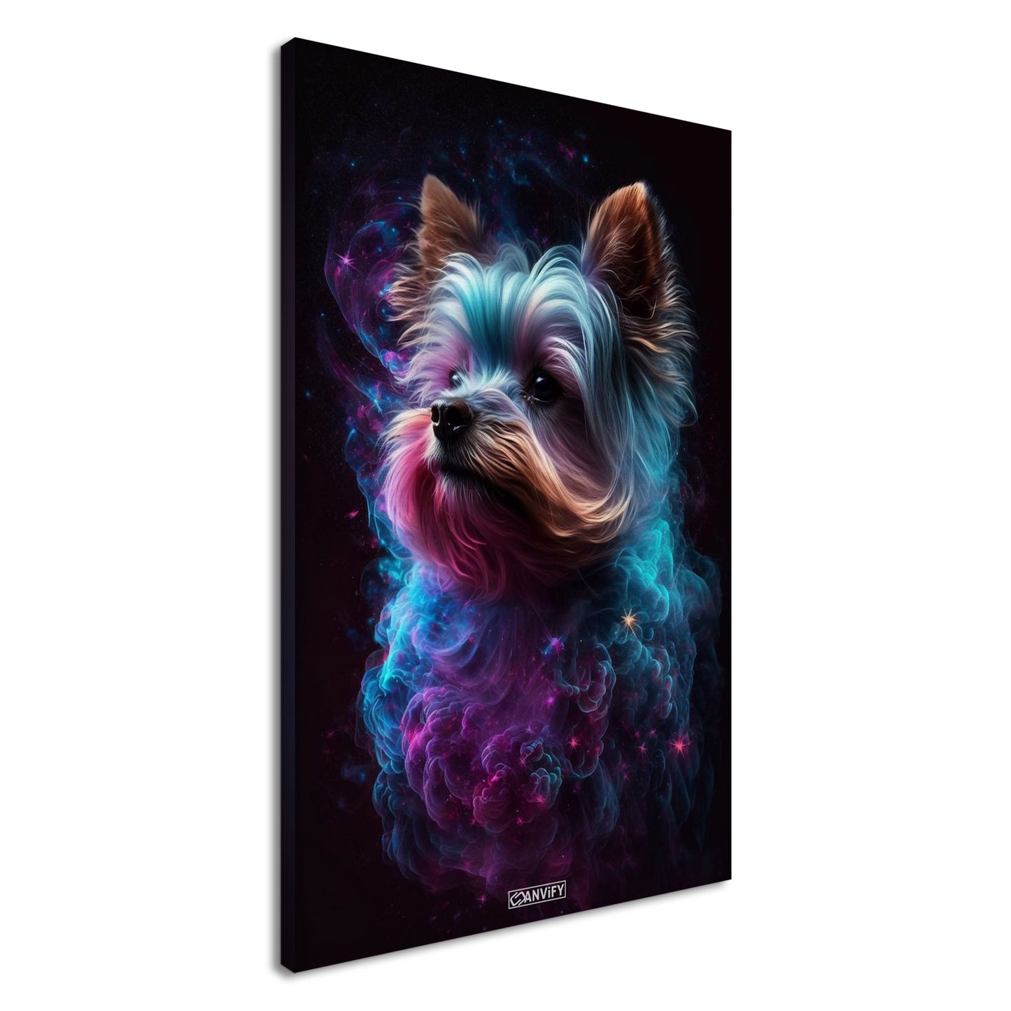 Yorkshire Terrier Portrait kombiniert mit der Nebelwolke namens Nebula auf einer Leinwand