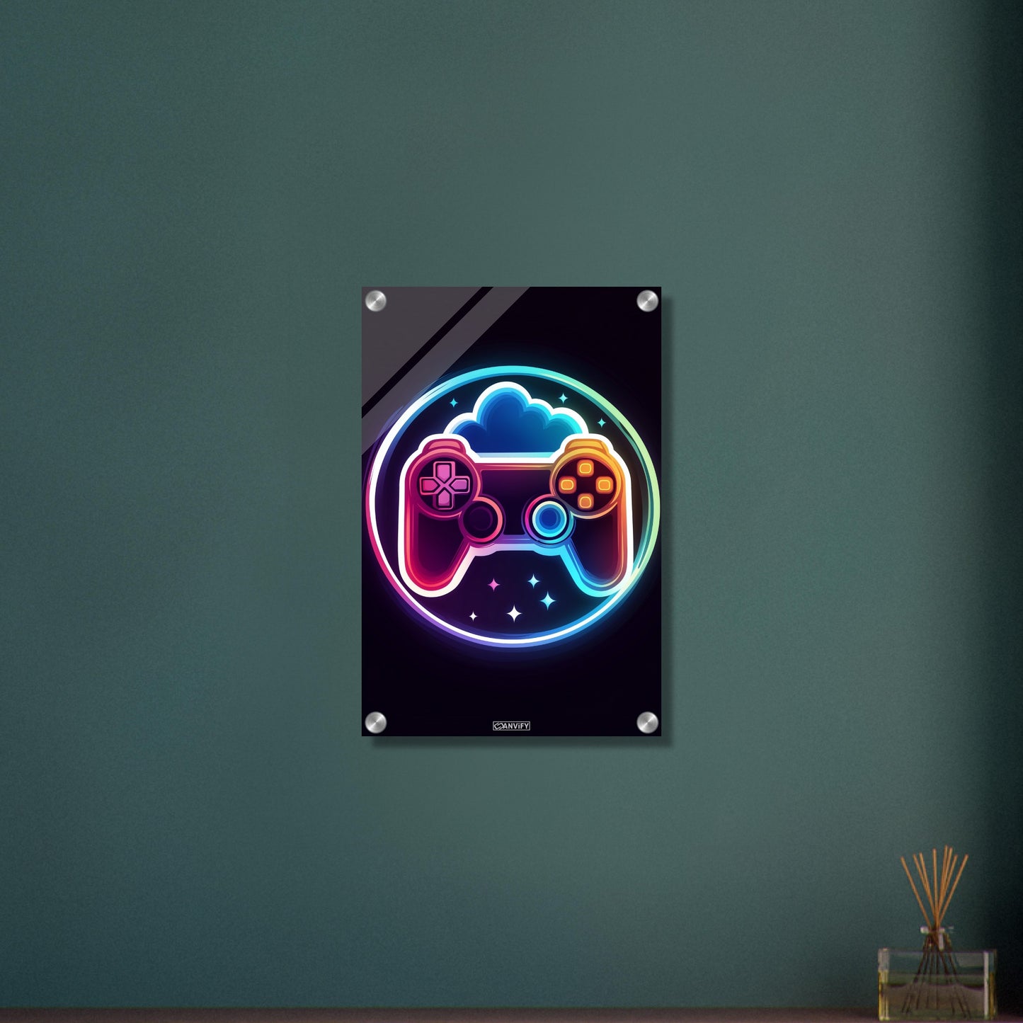 Bunter Playstation Controller auf einem Acrylbild