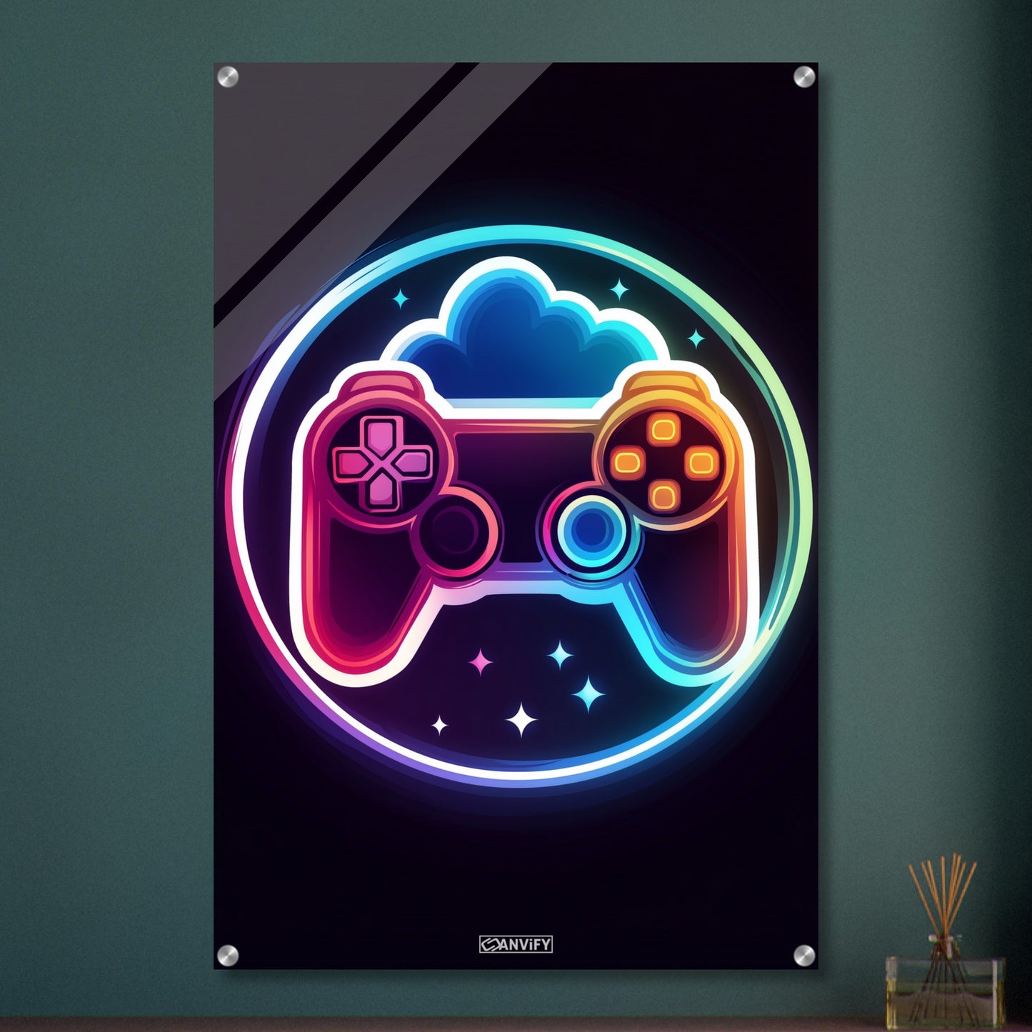 Bunter Playstation Controller auf einem Acrylbild