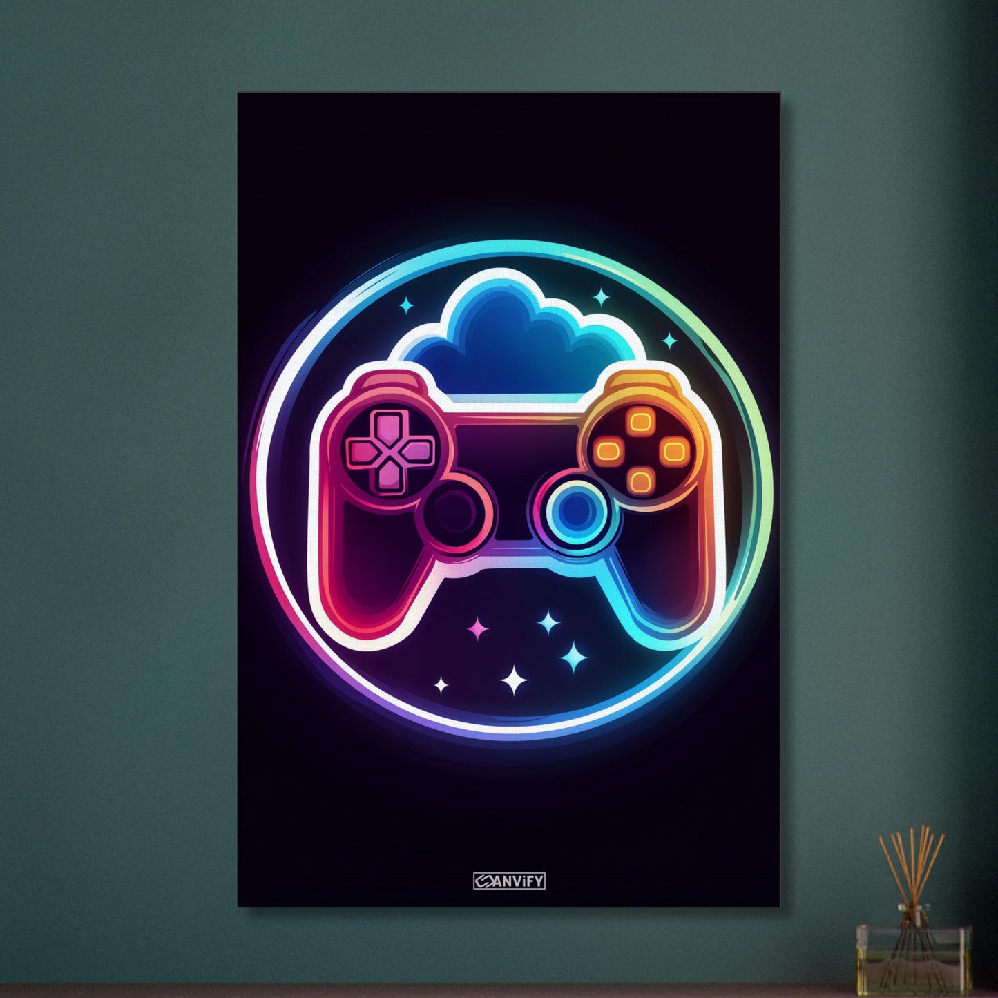 Bunter Playstation Controller auf einer Leinwand