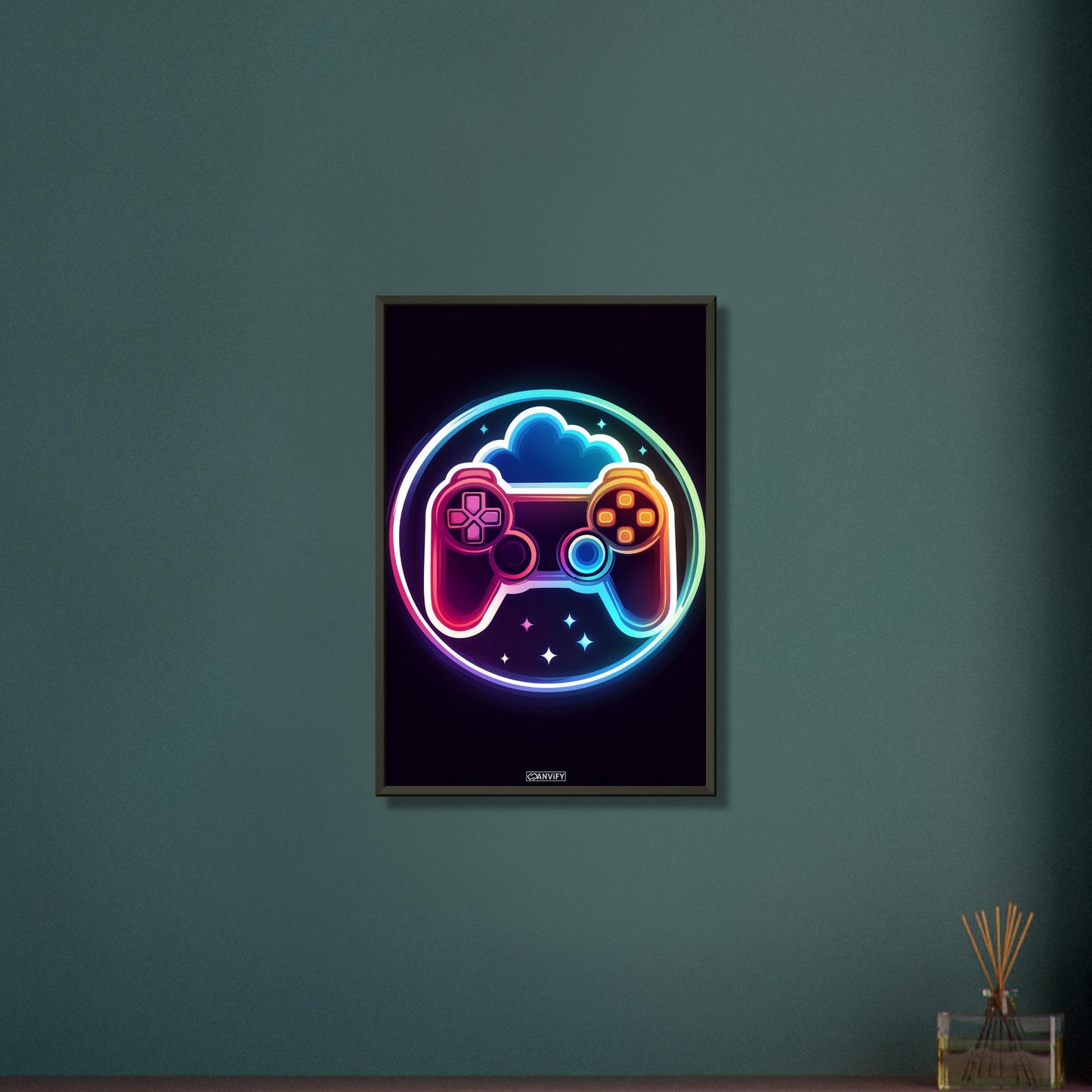 Bunter Playstation Controller auf einem Poster im Metallrahmen