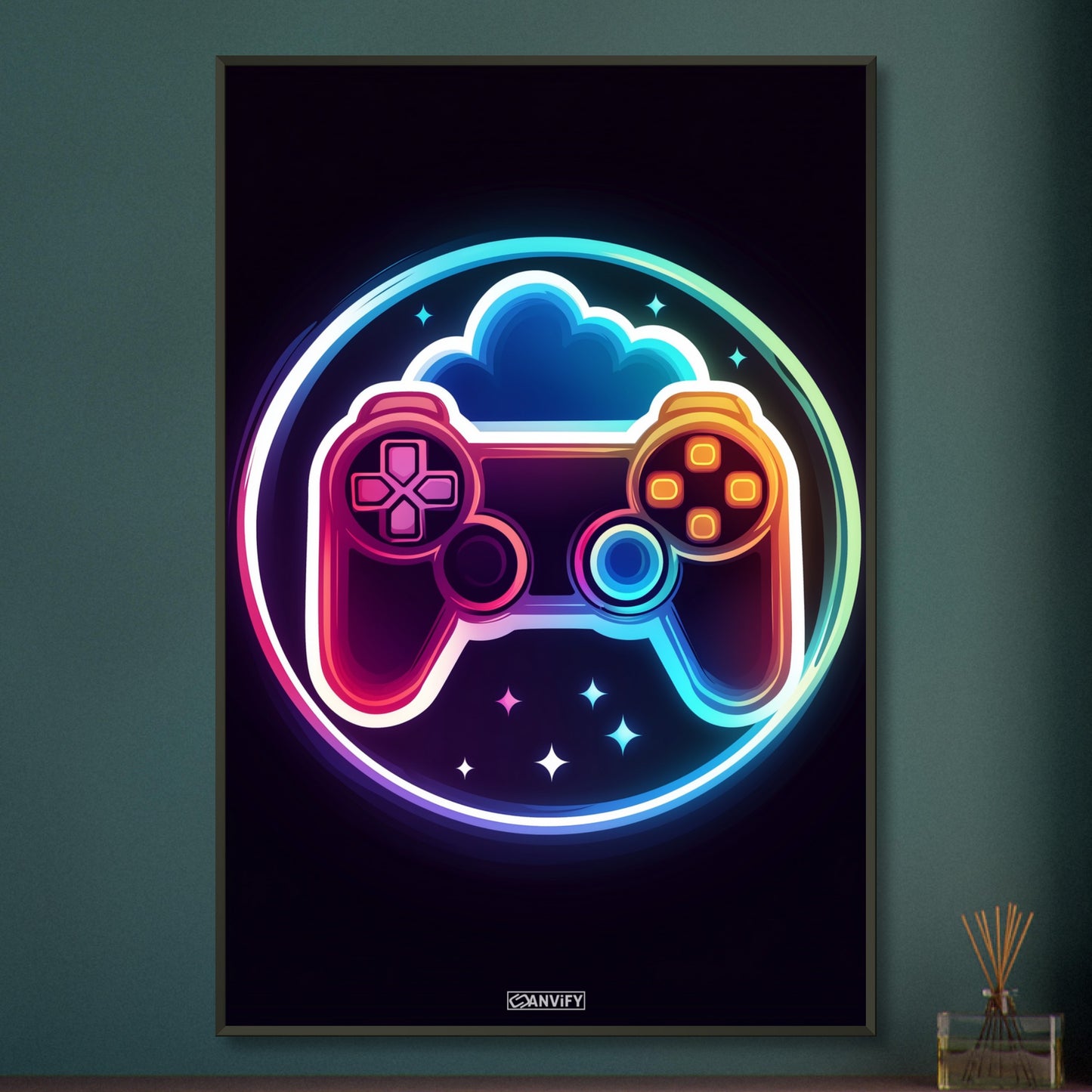 Bunter Playstation Controller auf einem Poster im Metallrahmen