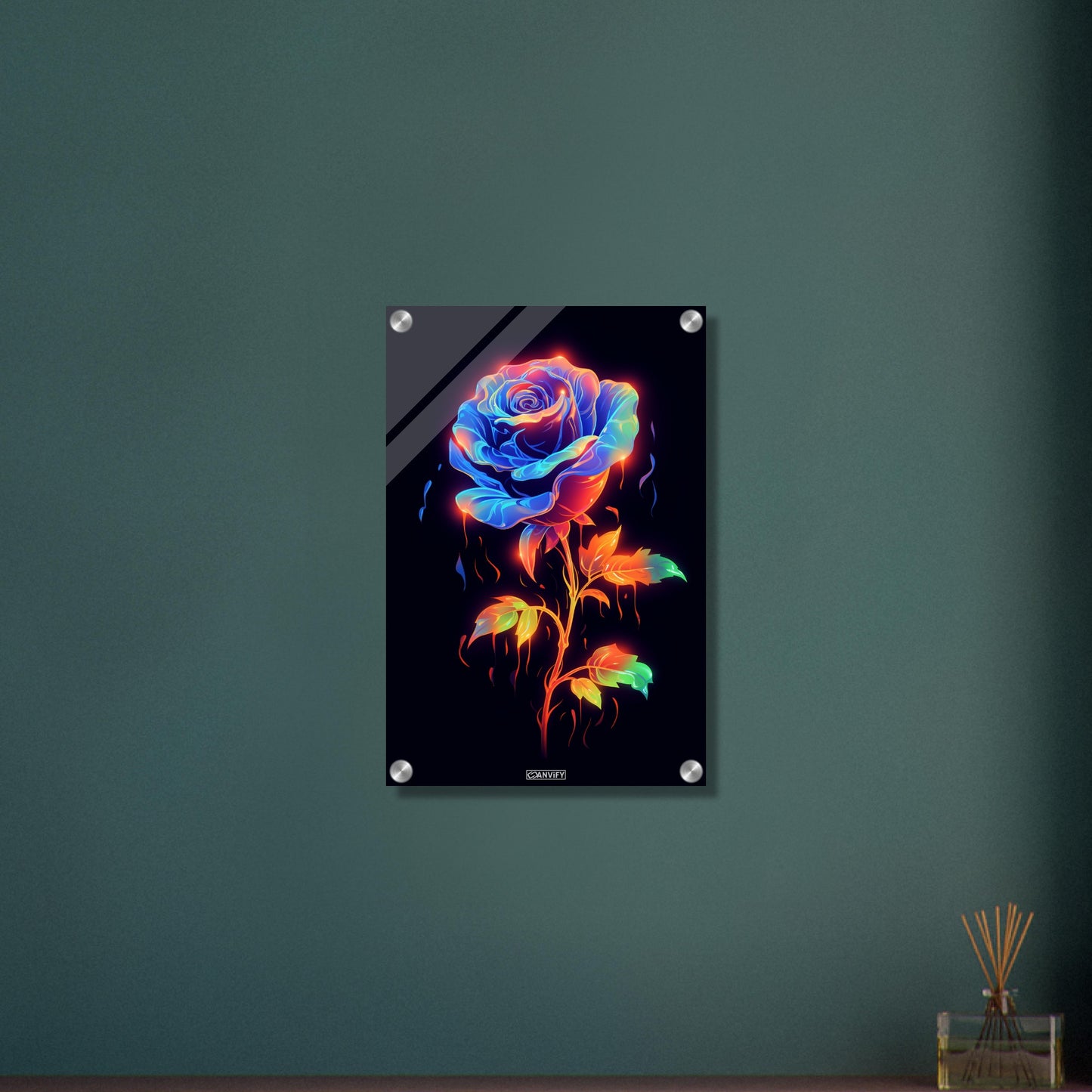 Blaue Neon Rose gemalt auf einem Acrylbild