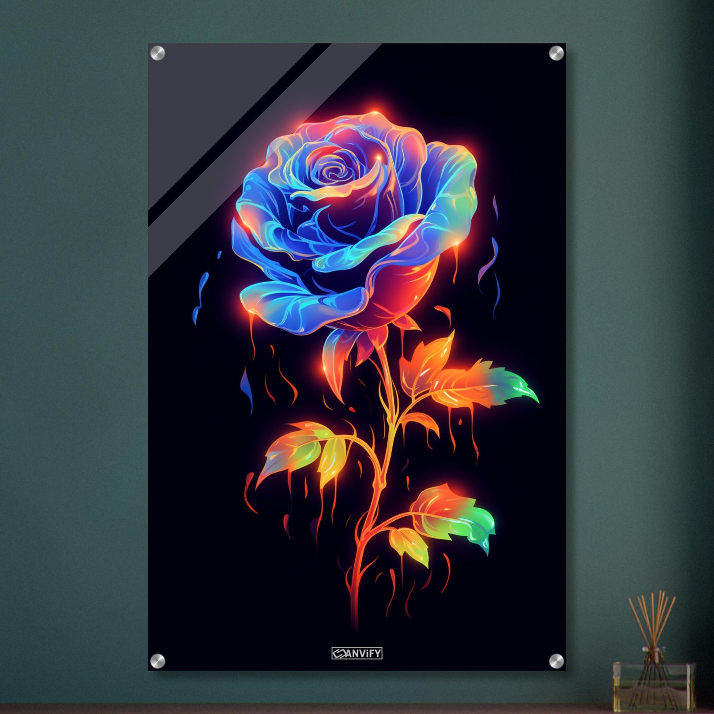 Blaue Neon Rose gemalt auf einem Acrylbild