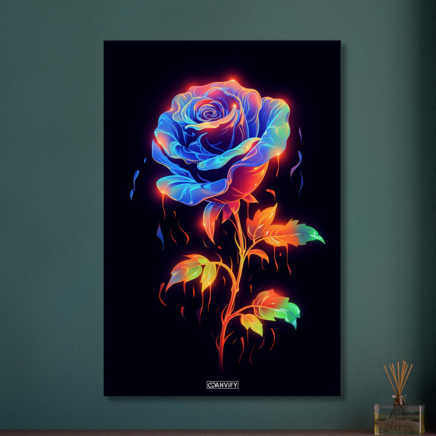 Blaue Neon Rose gemalt auf einer Leinwand