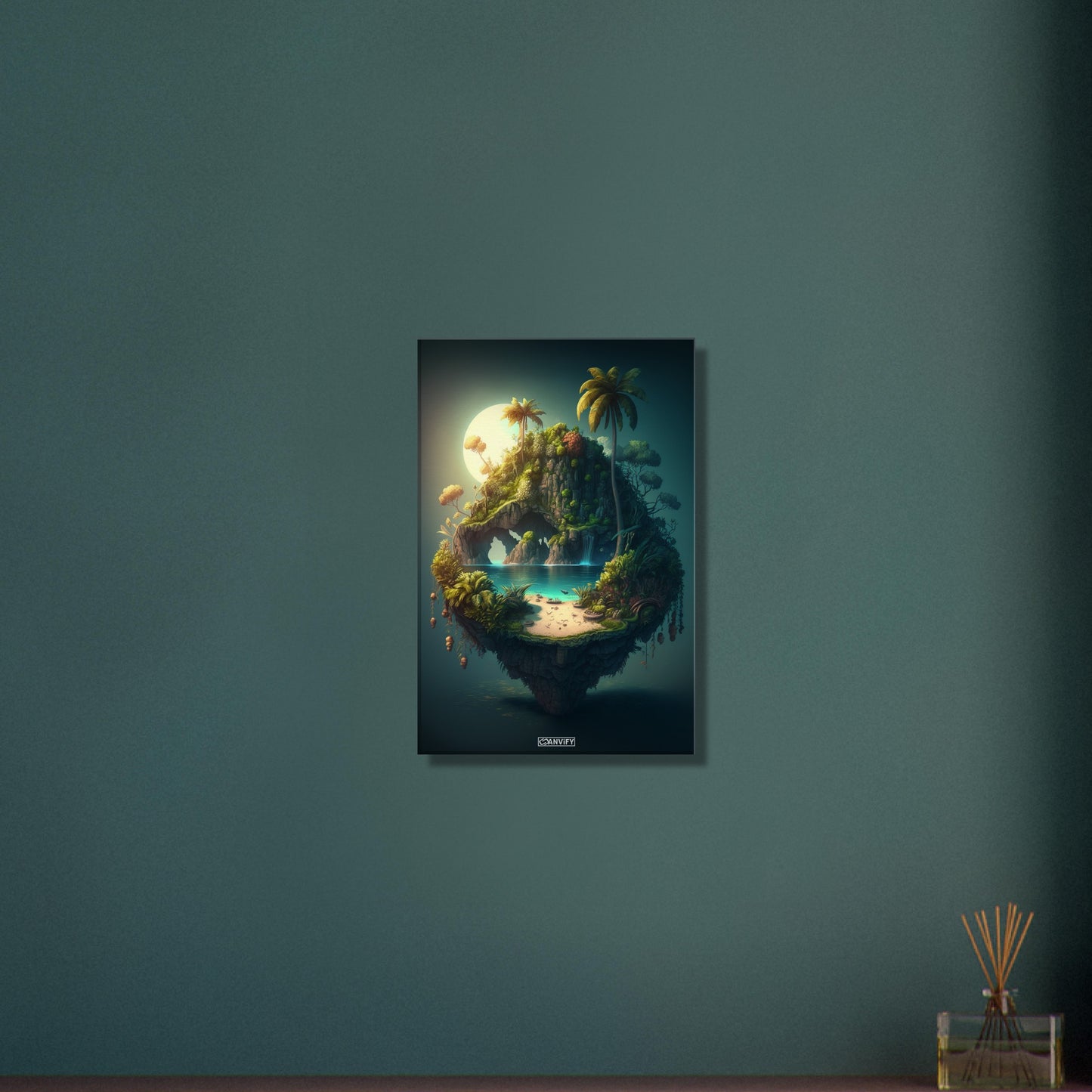 Leuchtender Mond mit einer Oase und Palmen auf einer Leinwand
