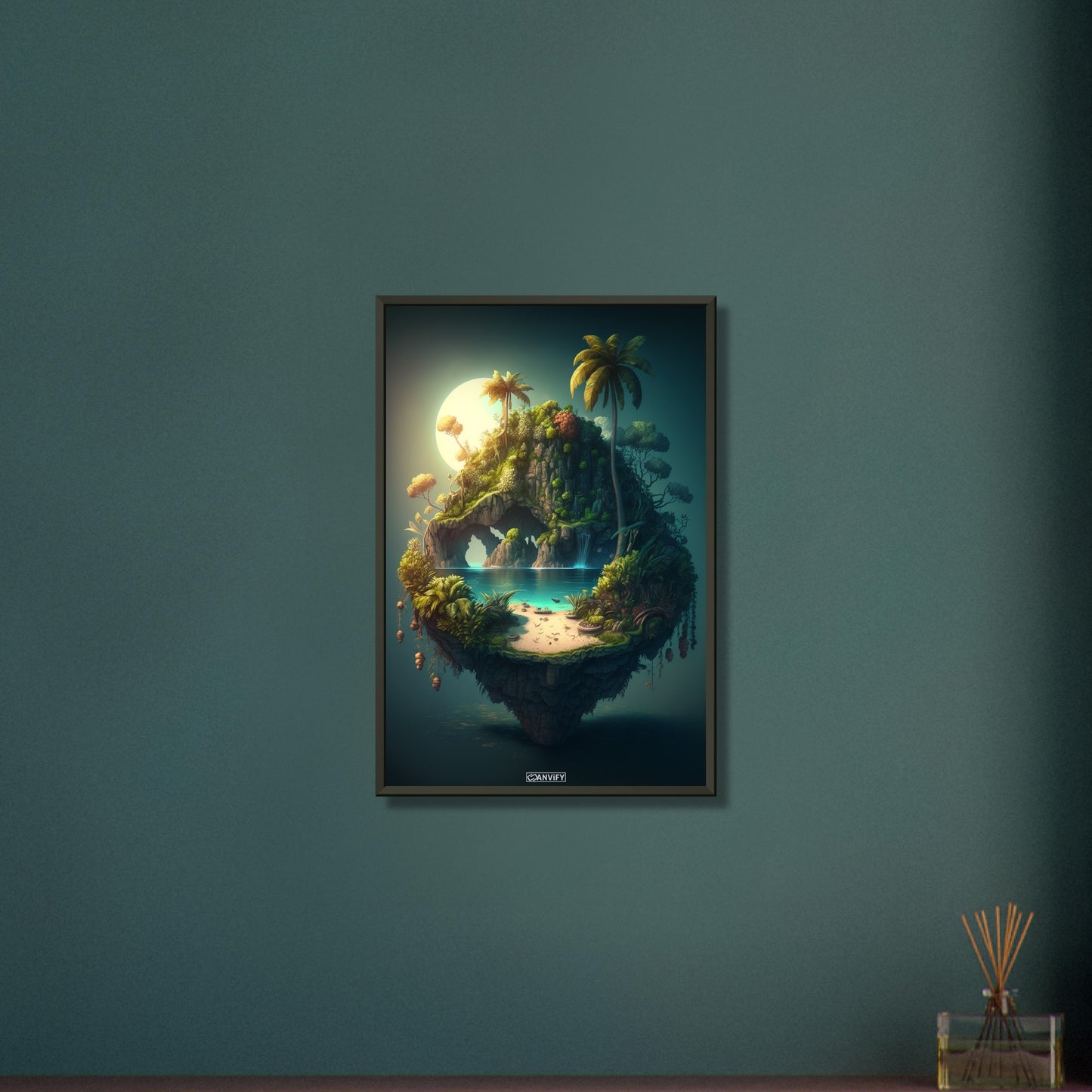 Leuchtender Mond mit einer Oase und Palmen auf einem Poster im Metallrahmen