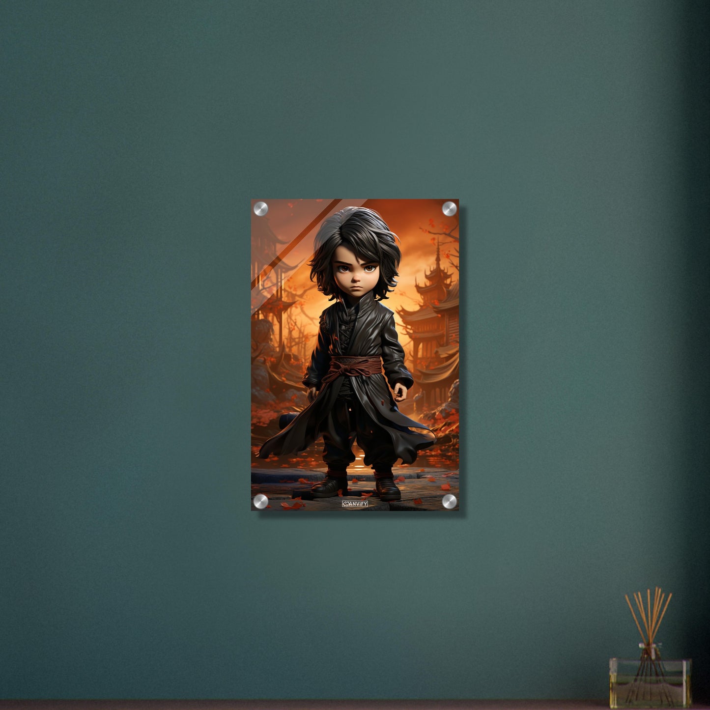 Chibi Karate-Junge mit braunem Gürtel und braunem Anzug auf einem Acrylbild