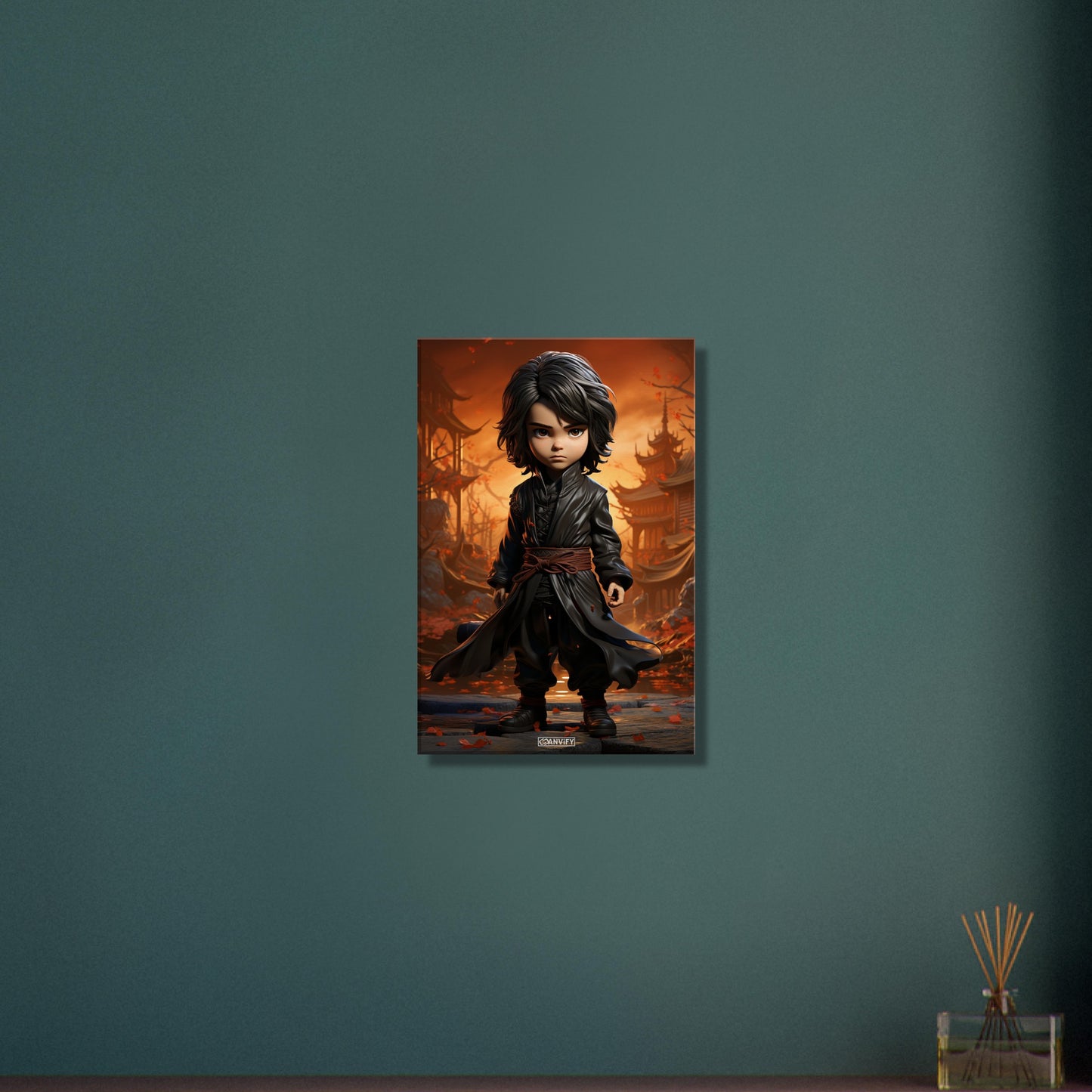 Chibi Karate-Junge mit braunem Gürtel und braunem Anzug auf einer Leinwand