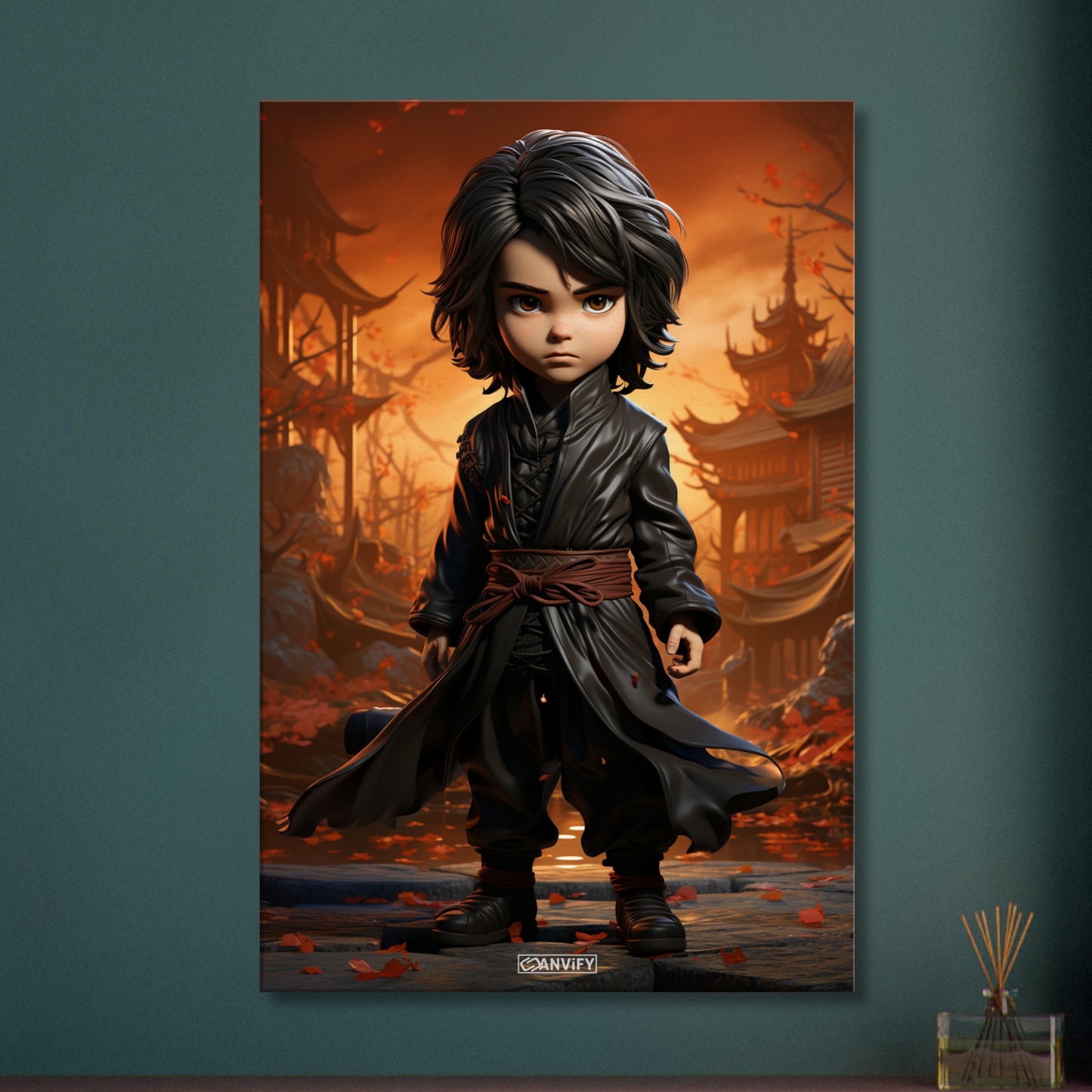 Chibi Karate-Junge mit braunem Gürtel und braunem Anzug auf einer Leinwand