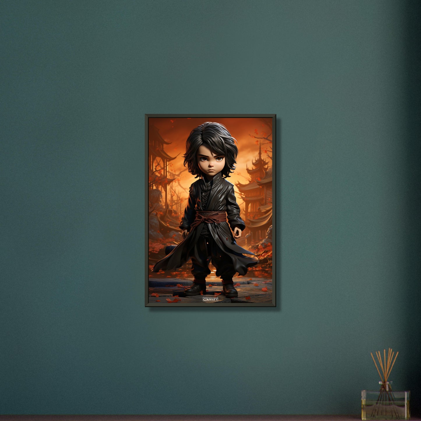 Chibi Karate-Junge mit braunem Gürtel und braunem Anzug auf einem Poster im Metallrahmen