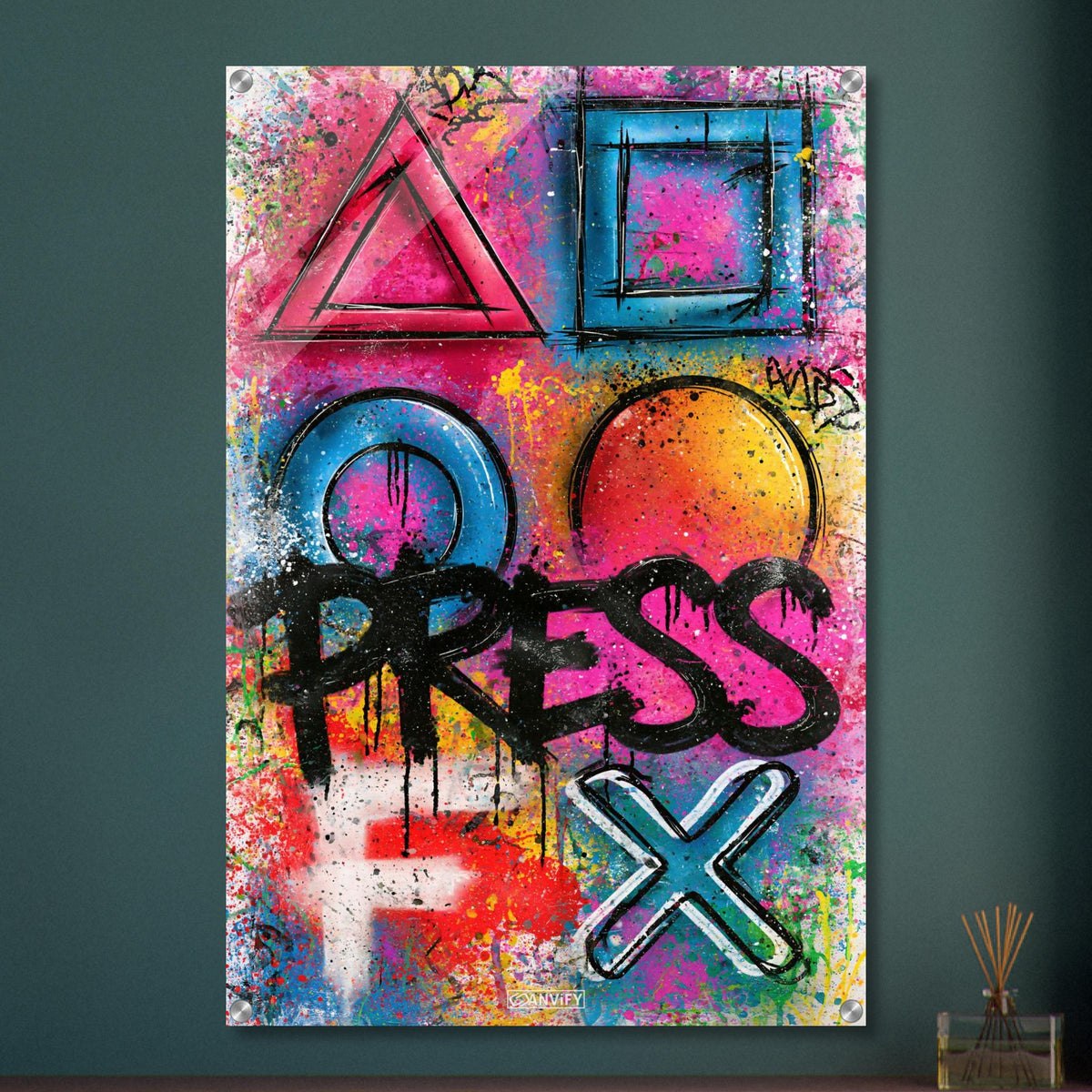 Playstation Symbole mit dem Spruch 'Press F' im Graffiti Street Art Stil auf einem Acrylbild