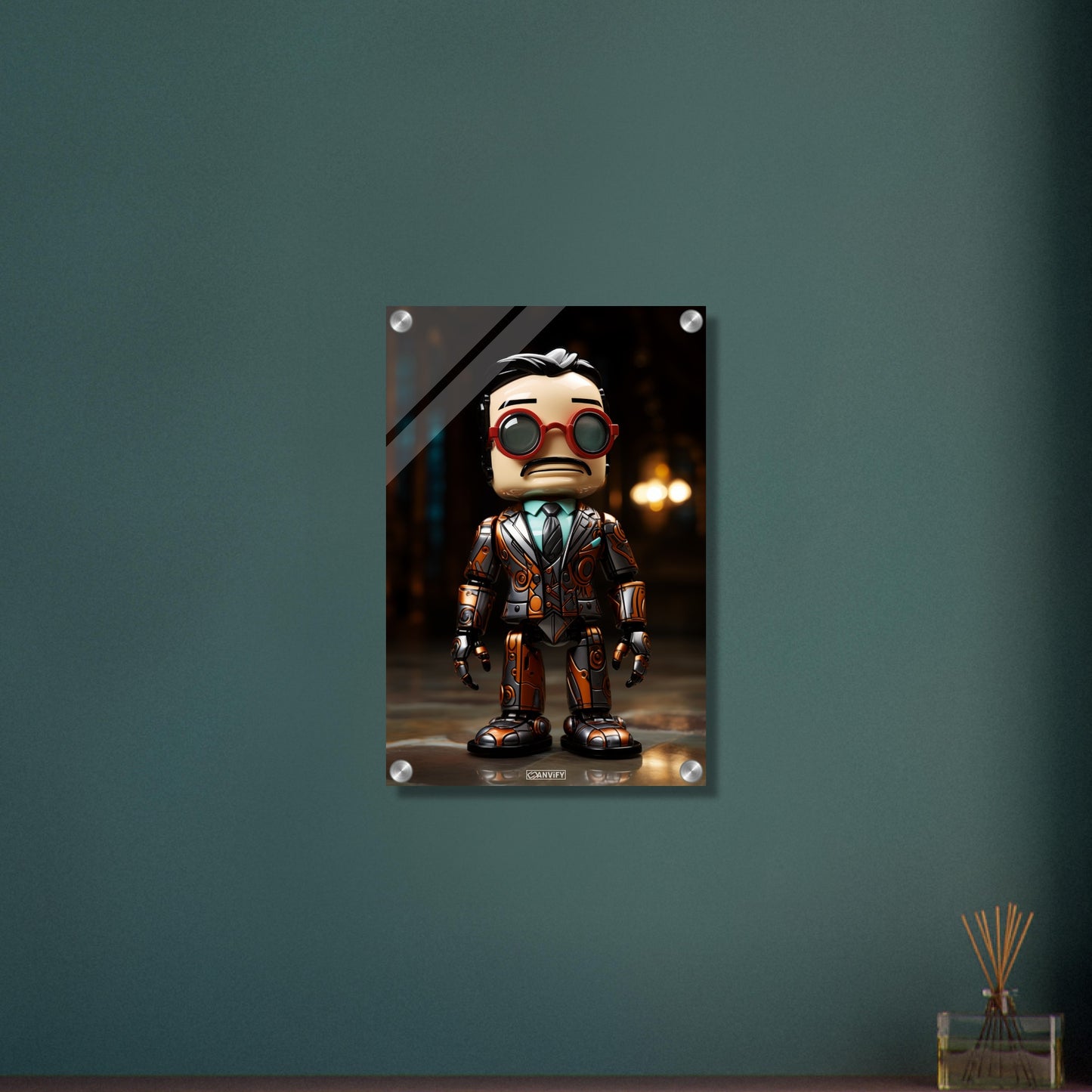 Verrückter Chibi Professor mit einem Exoskelett auf einem Acrylbild