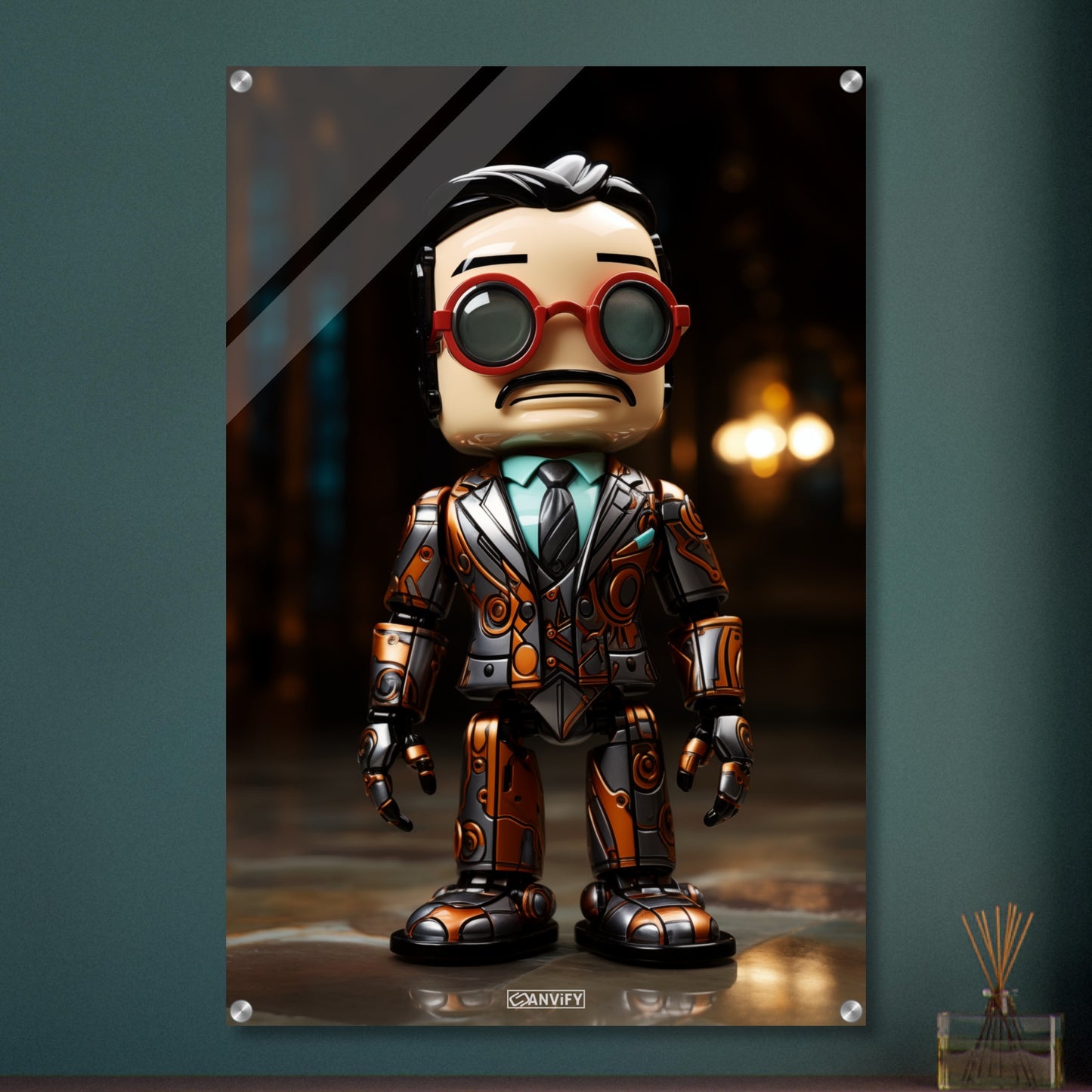 Verrückter Chibi Professor mit einem Exoskelett auf einem Acrylbild