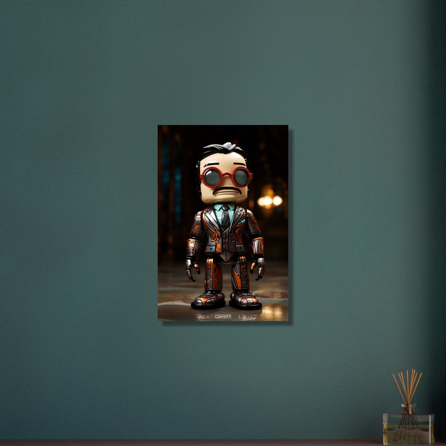 Verrückter Chibi Professor mit einem Exoskelett auf Aluminium
