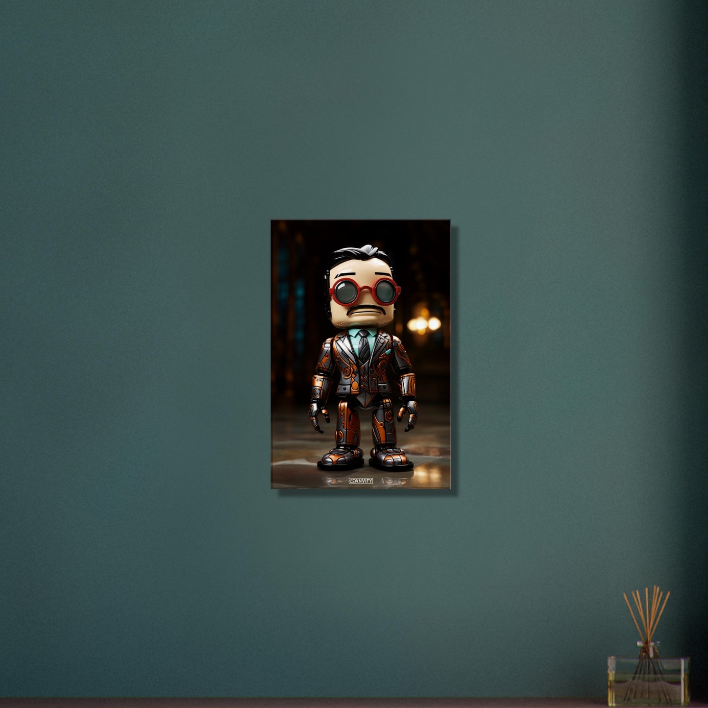 Verrückter Chibi Professor mit einem Exoskelett auf einer Leinwand