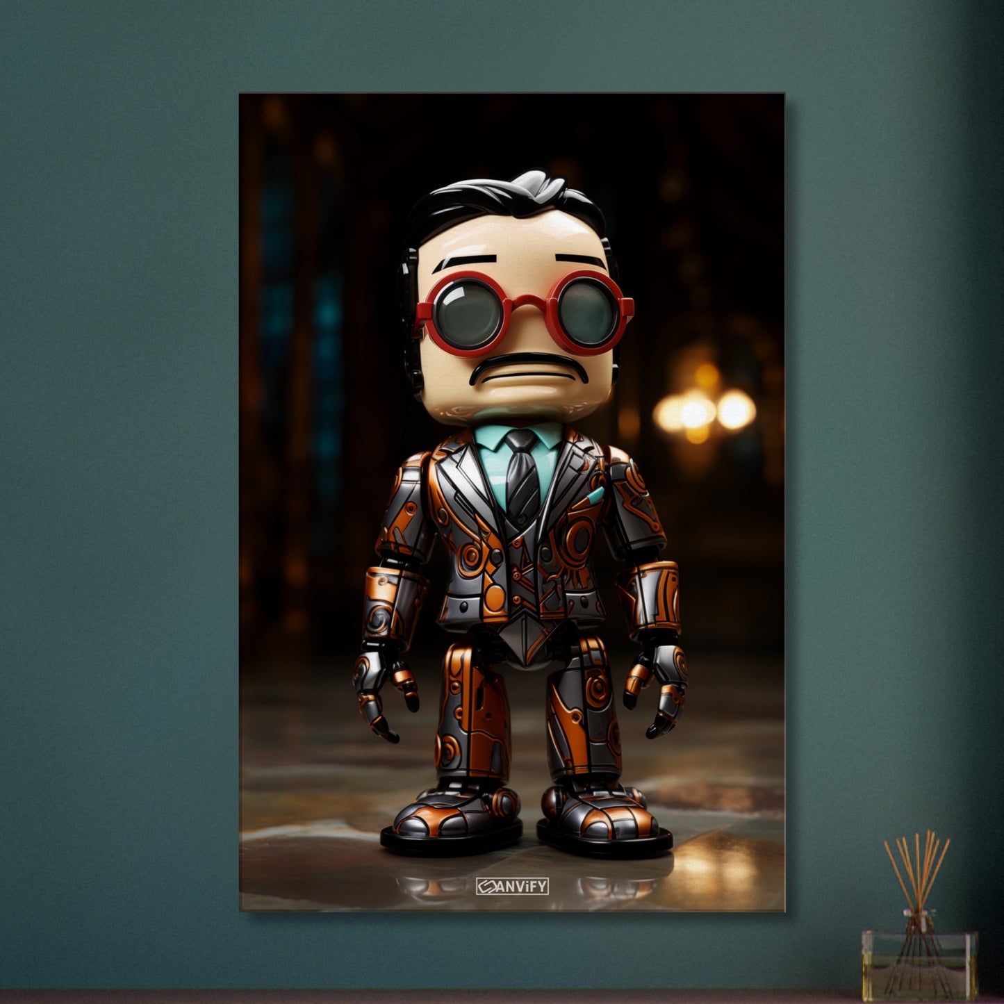 Verrückter Chibi Professor mit einem Exoskelett auf einer Leinwand