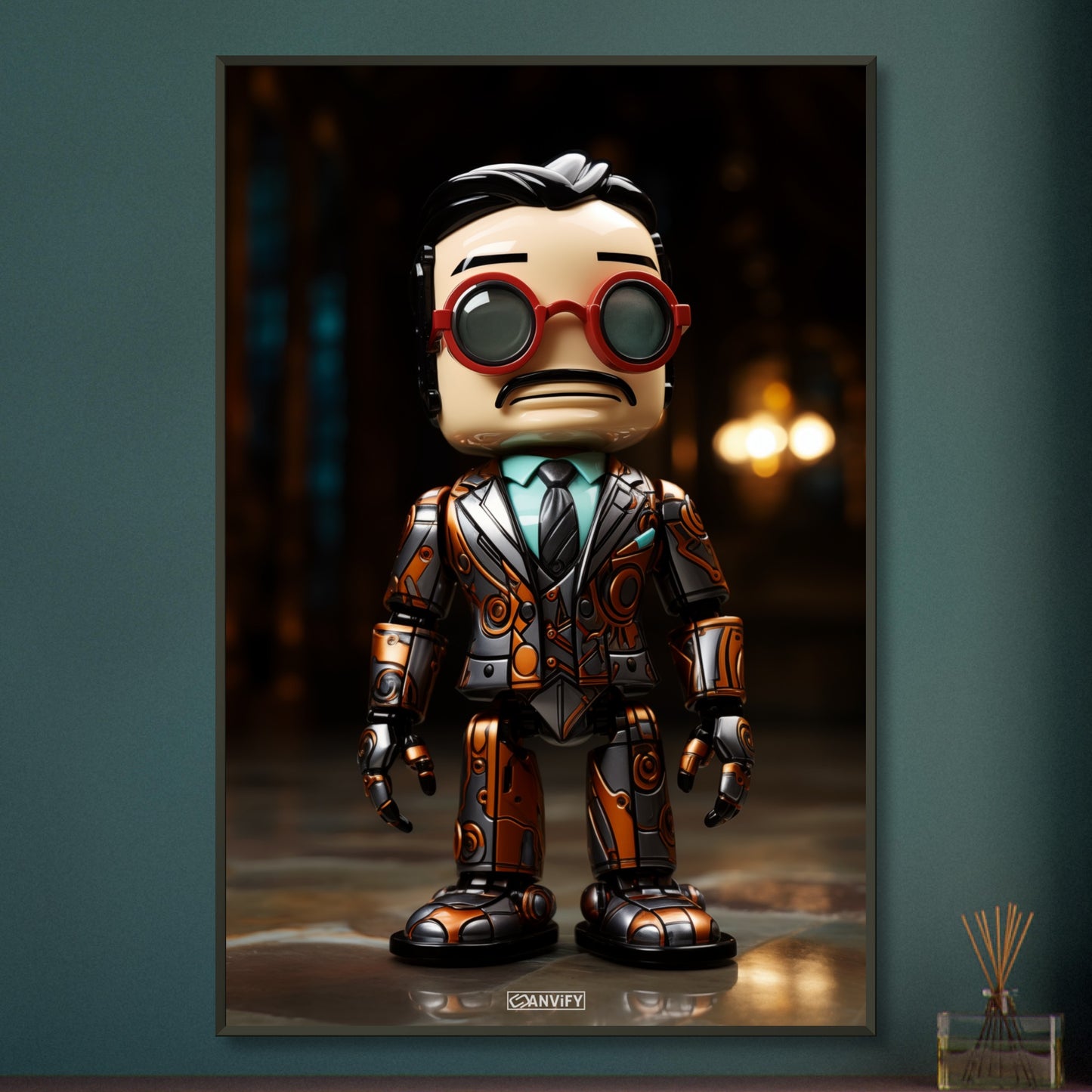 Verrückter Chibi Professor mit einem Exoskelett auf einem Poster im Metallrahmen