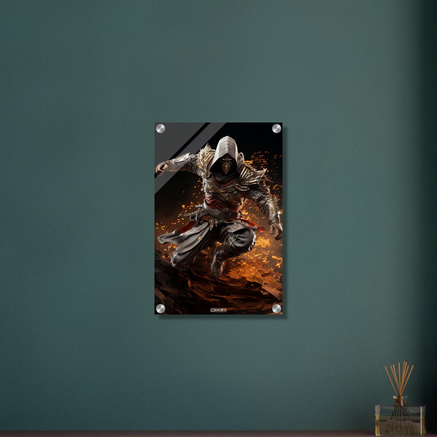 Assassine aus Assassin's Creed mit einer Feuerfähigkeit auf einem Acrylbild