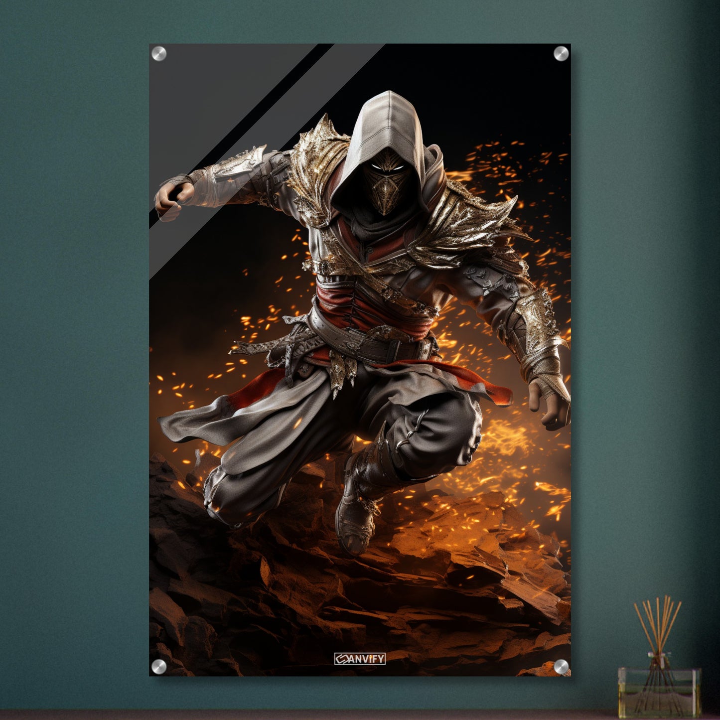 Assassine aus Assassin's Creed mit einer Feuerfähigkeit auf einem Acrylbild