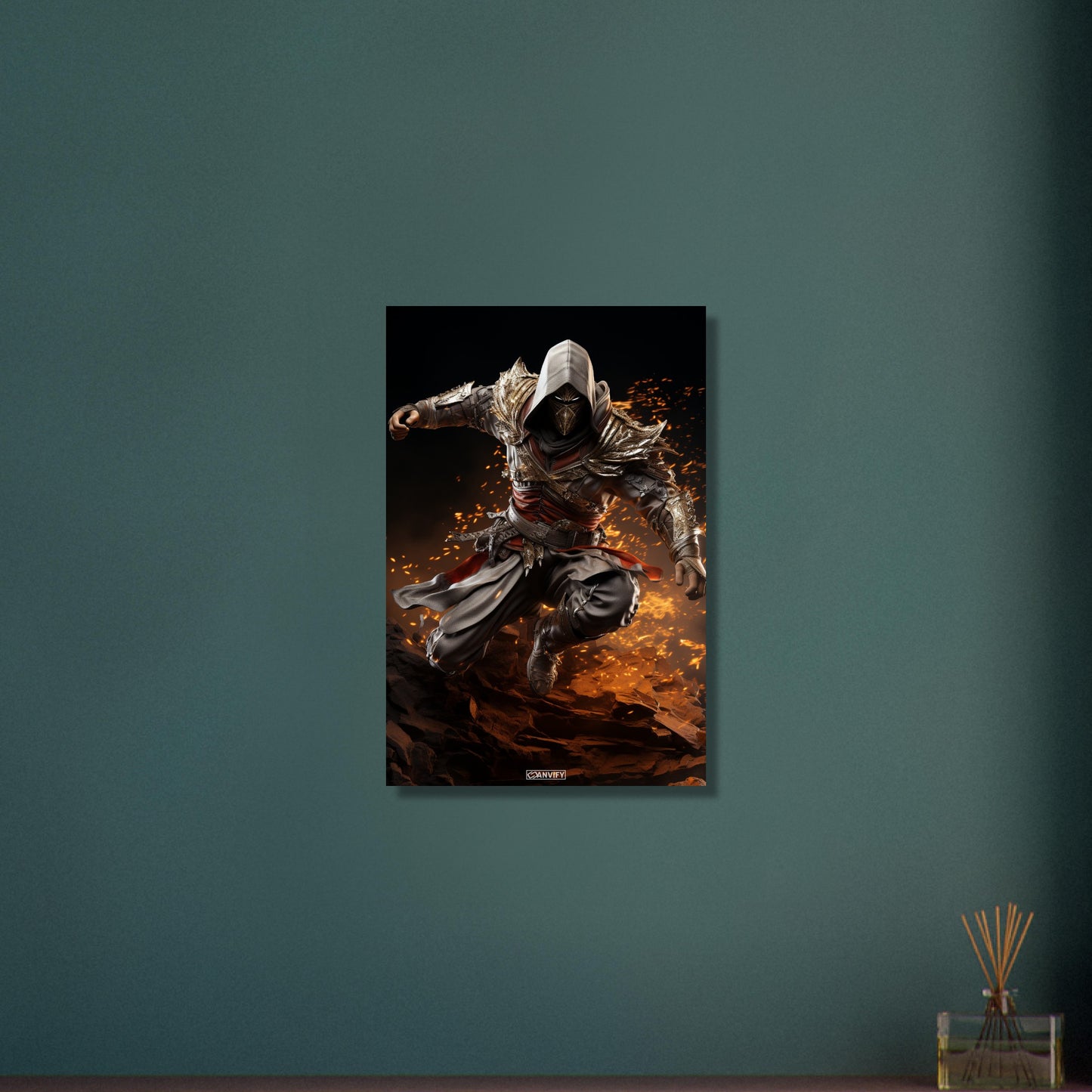 Assassine aus Assassin's Creed mit einer Feuerfähigkeit auf Aluminium