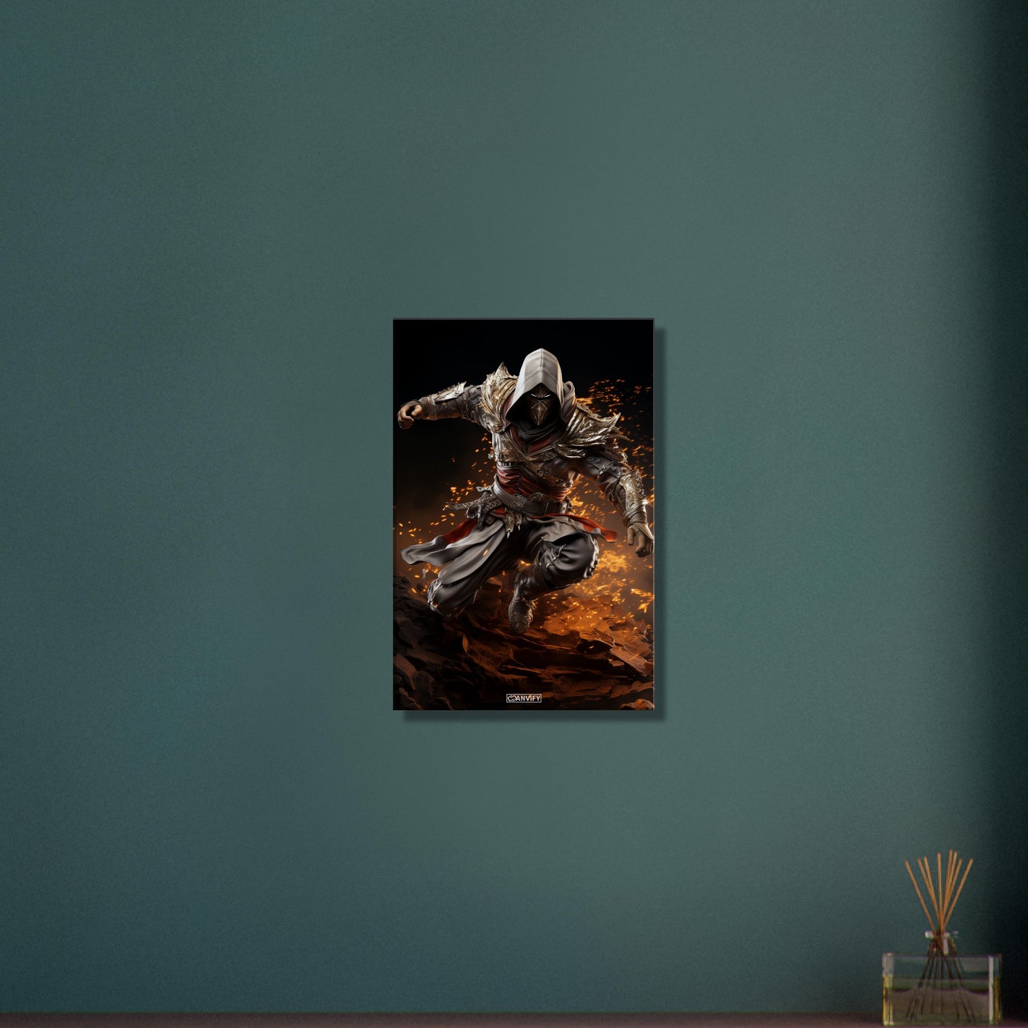 Assassine aus Assassin's Creed mit einer Feuerfähigkeit auf einer Leinwand