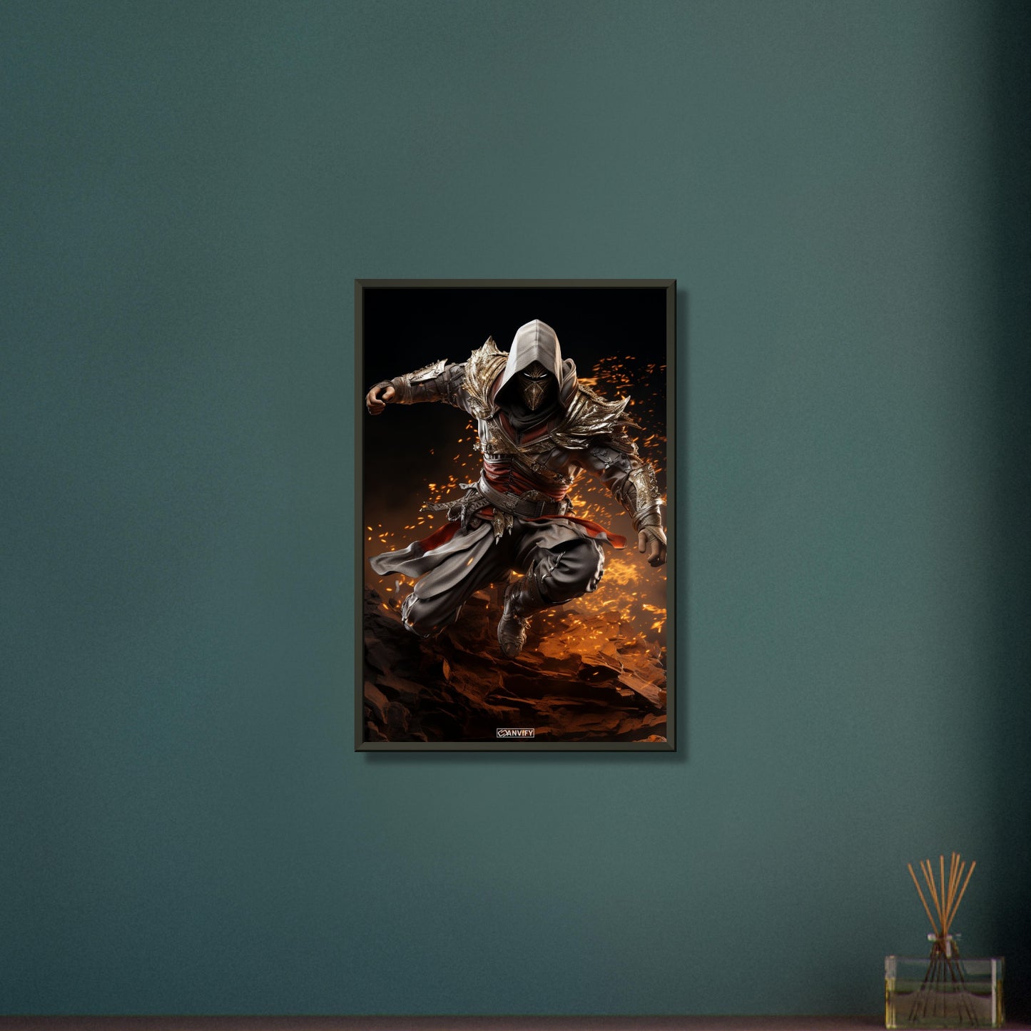 Assassine aus Assassin's Creed mit einer Feuerfähigkeit auf einem Poster im Metallrahmen