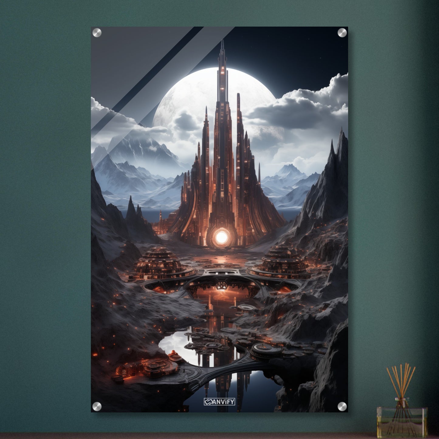 Futuristische Stadt auf fremden Planeten aus Quanten und einem weißen Mond im Hintergrund auf einem Acrylbild