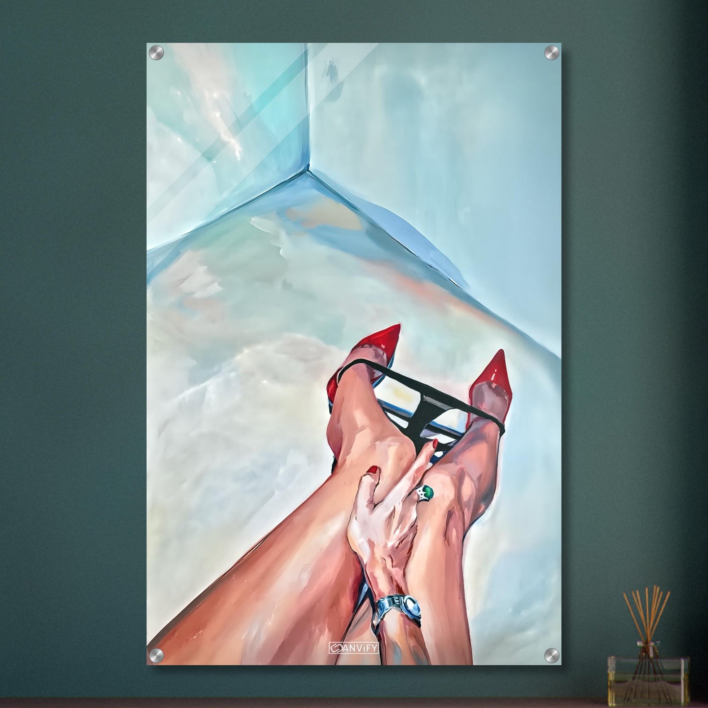 Sexy Frauenbeine mit Unterwäsche und roten High Heels auf einem Acrylbild