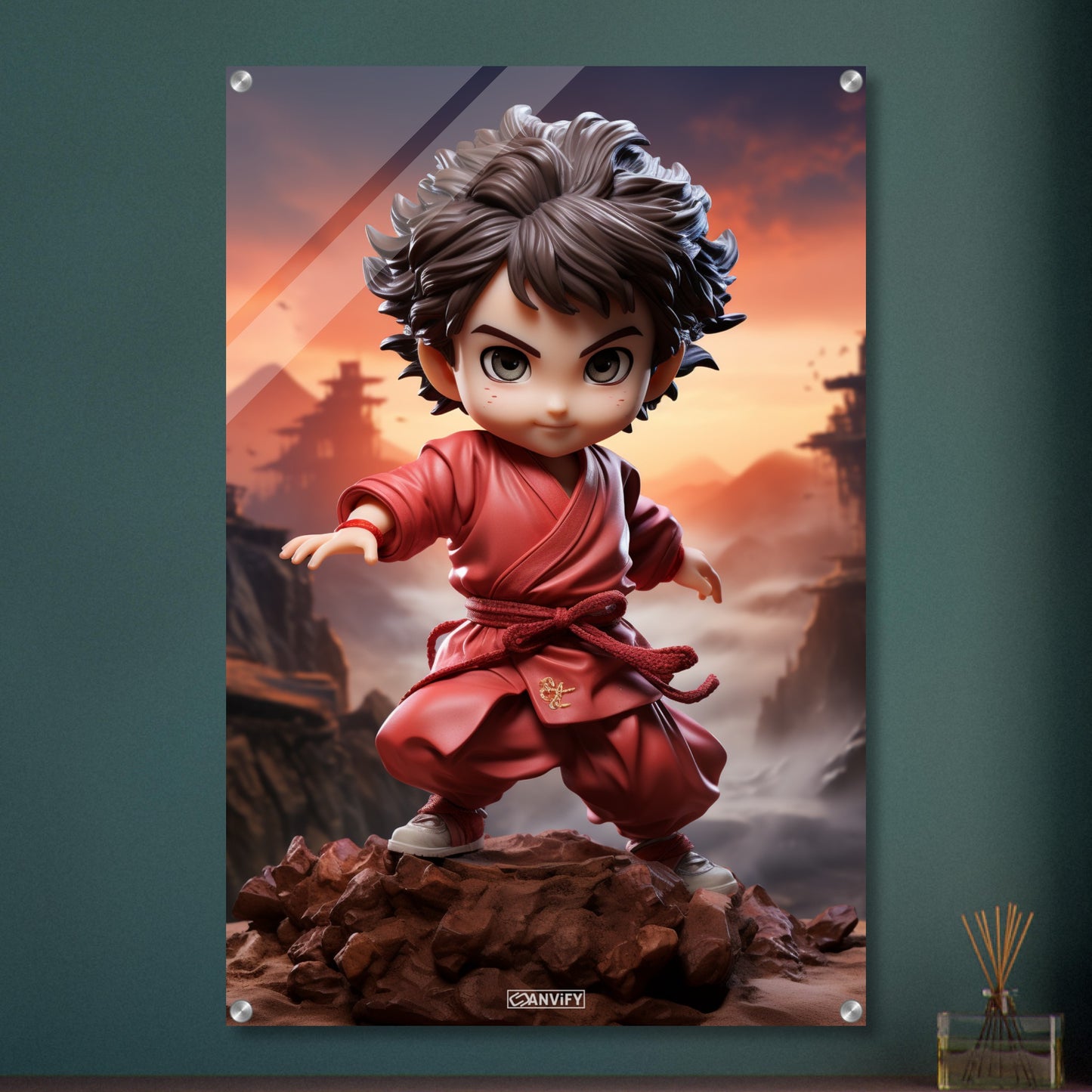 Chibi Karate-Junge mit rotem Gürtel und rotem Anzug auf einem Acrylbild