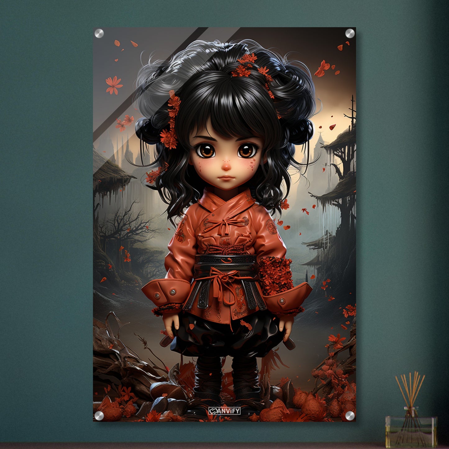 Chibi Samurai-Mädchen mit schwarzem Gürtel und rotem Anzug auf einem Acrylbild