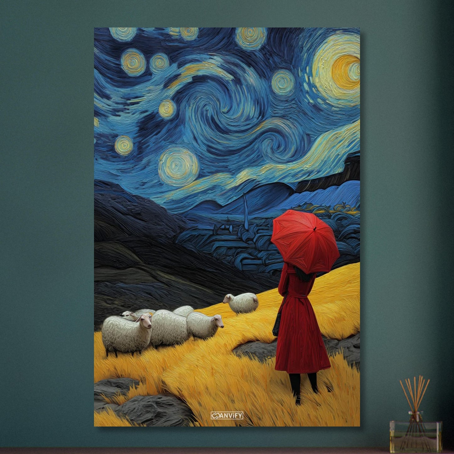 Frau mit rotem Regenschirm im Stil von Vincent van Gogh auf Aluminium