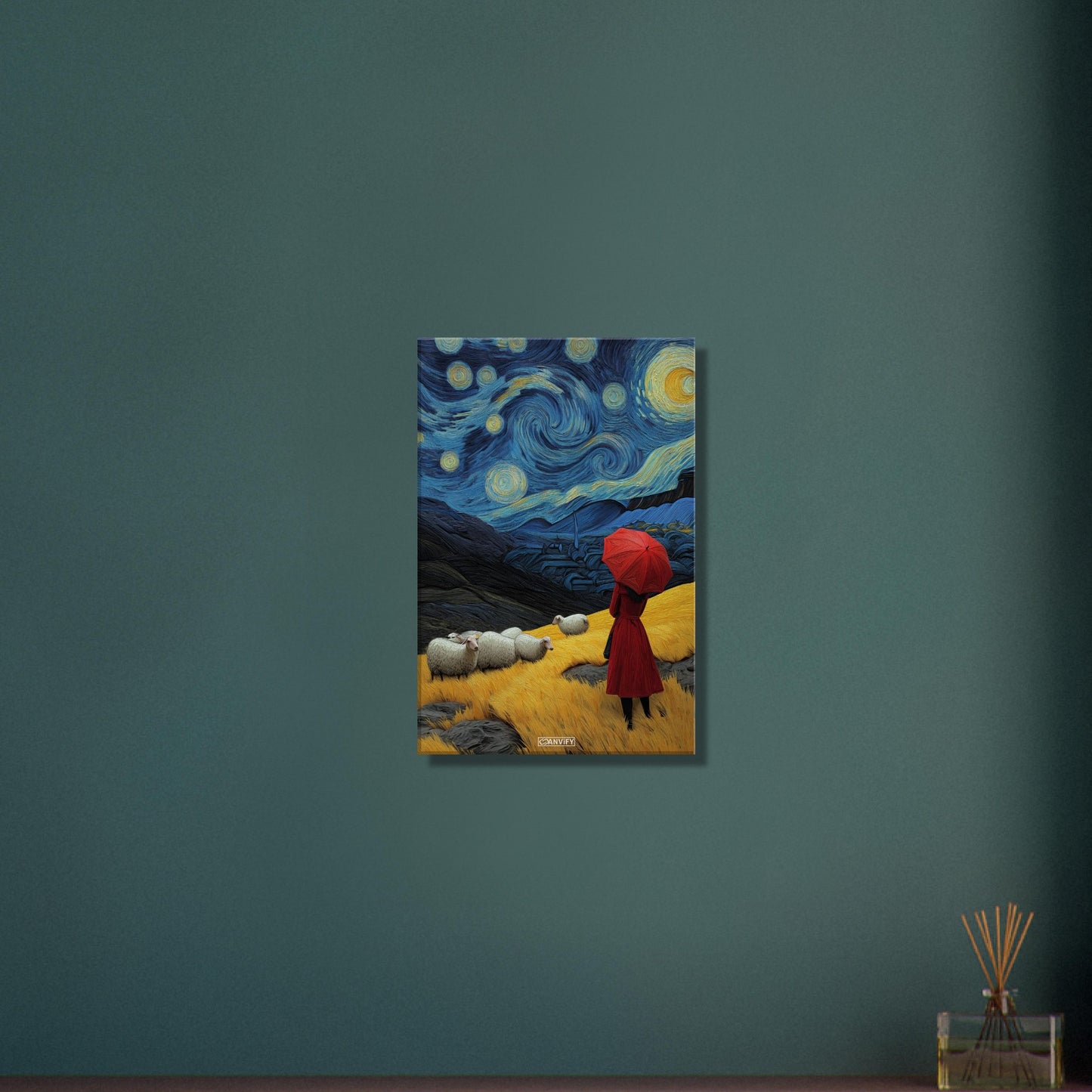 Frau mit rotem Regenschirm im Stil von Vincent van Gogh auf einer Leinwand