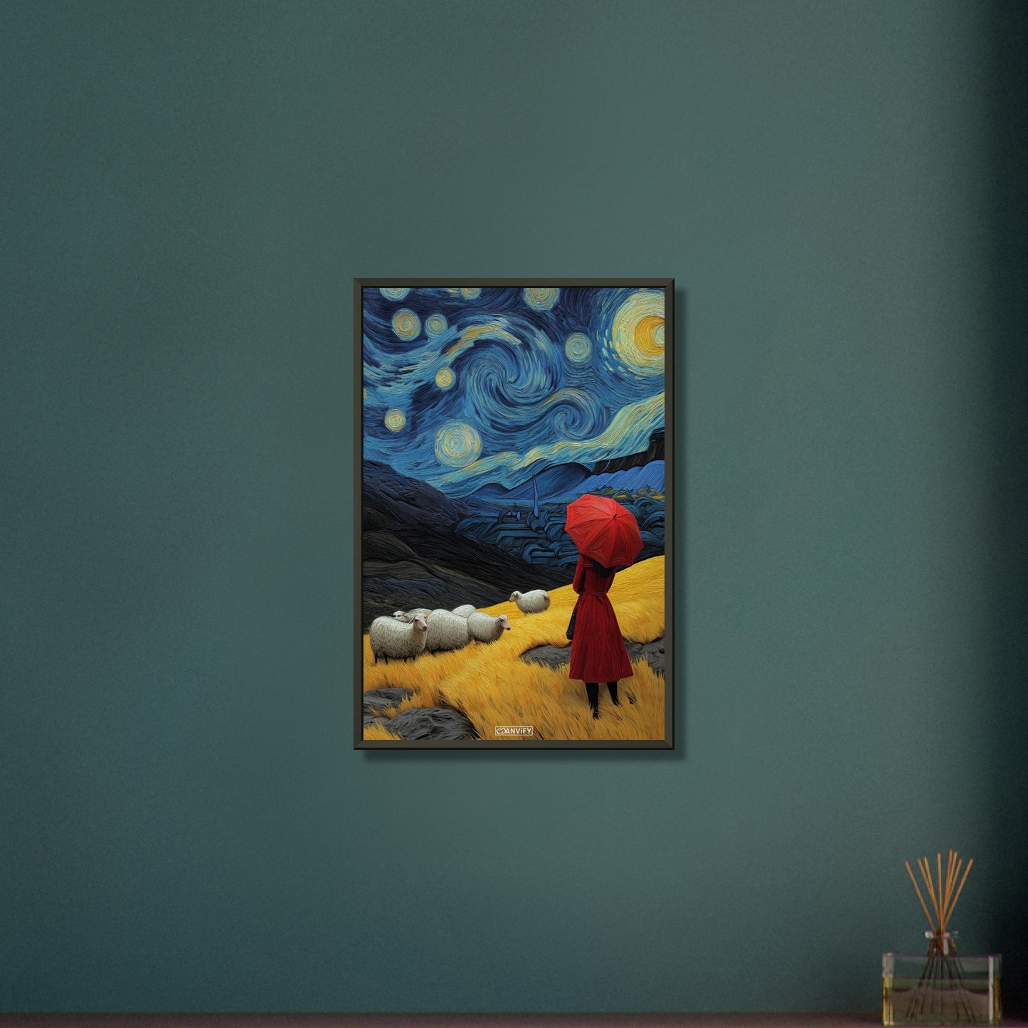 Frau mit rotem Regenschirm im Stil von Vincent van Gogh auf einem Poster im Metallrahmen