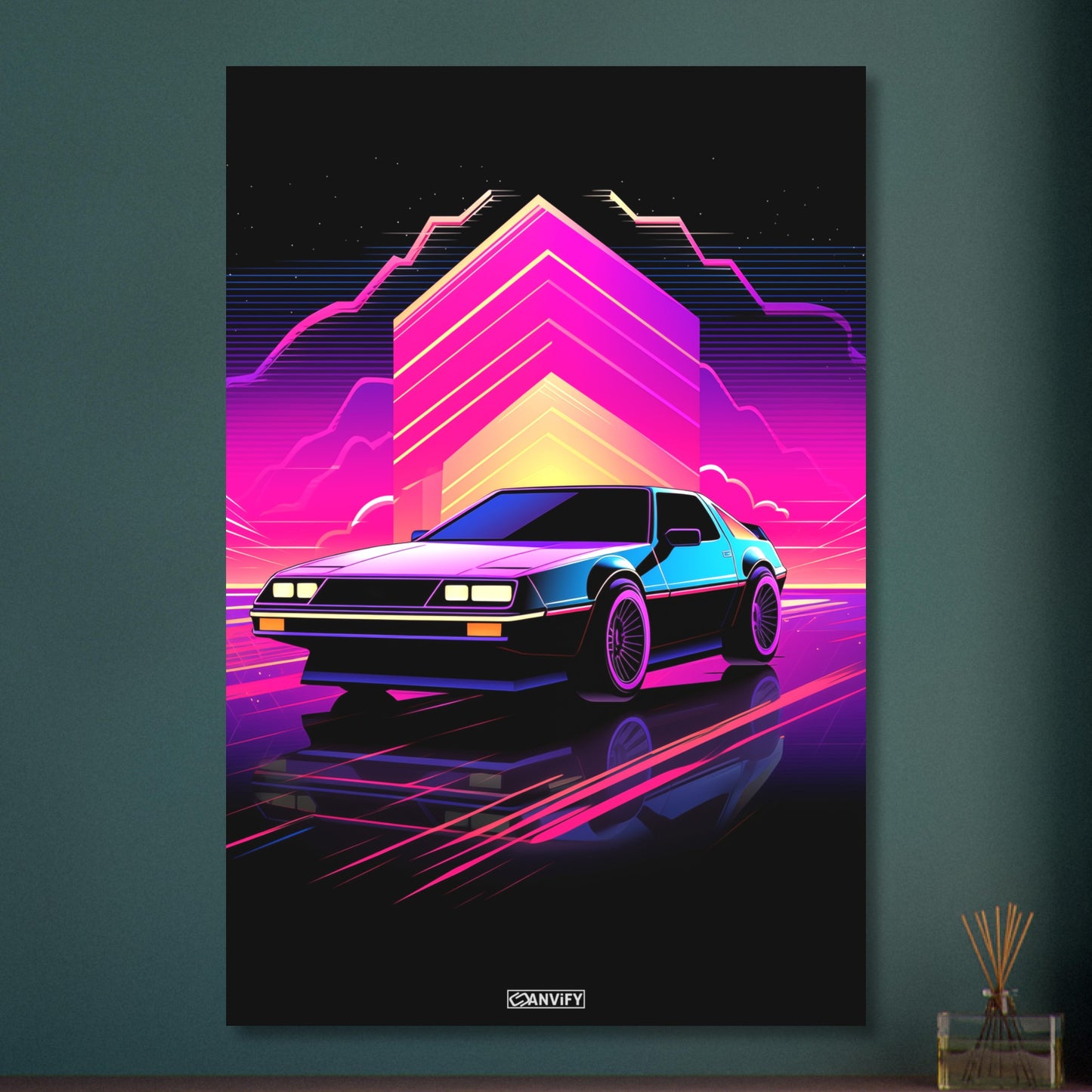 DeLorean DMC-12 aus dem Film Zurück in die Zukunft im einfachen Retrodesign und Blau und Lila Farbtönen auf Aluminium