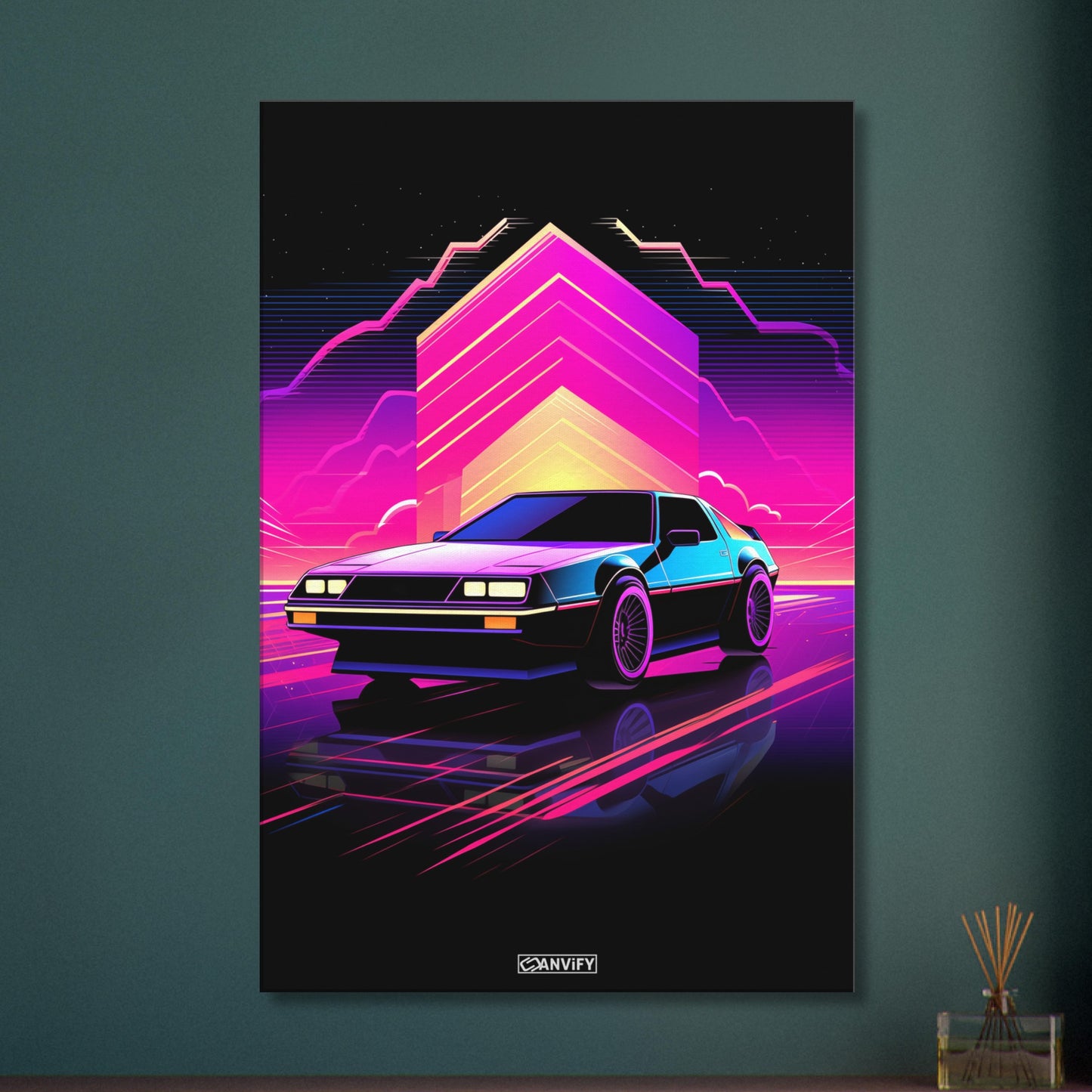 DeLorean DMC-12 aus dem Film Zurück in die Zukunft im einfachen Retrodesign und Blau und Lila Farbtönen auf einer Leinwand