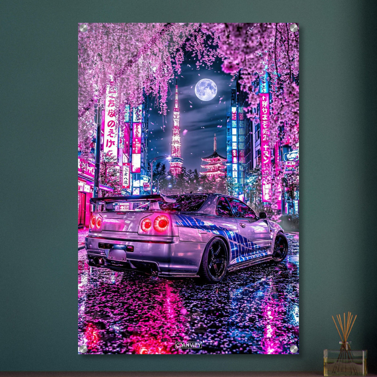 Nissan Skyline R34 GT-R in einer Vollmondnacht in Tokio unter einer Kirschblüte auf einem Acrylbild