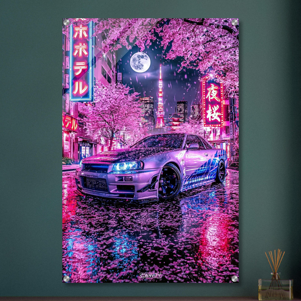 Nissan Skyline R34 GT-R in einer Vollmondnacht in Tokio unter einer Kirschblüte auf einem Acrylbild