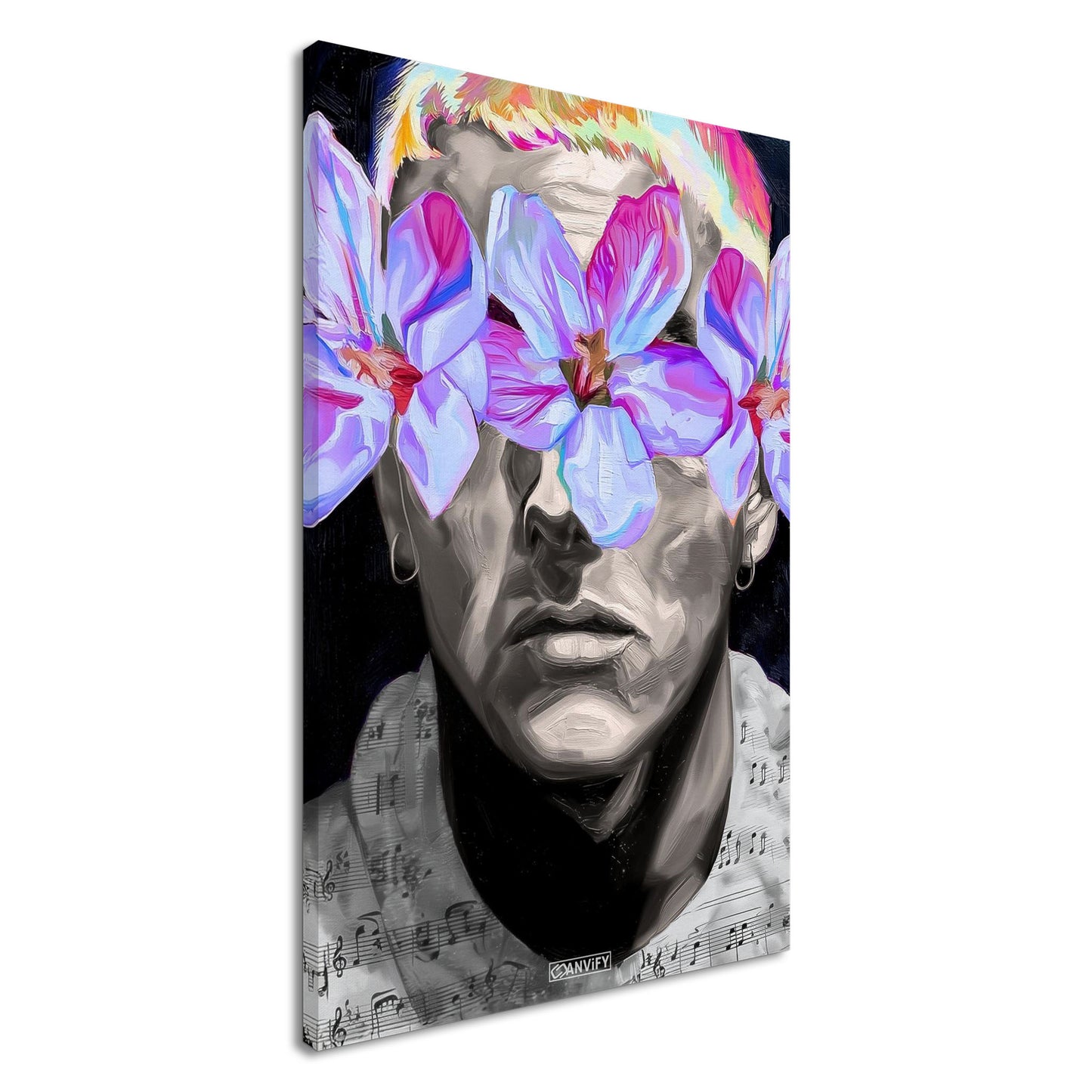 Eminem in Schwarz und Weiß im Stil von Nashid Chroma mit Lila Blumen um die Augen auf einer Leinwand