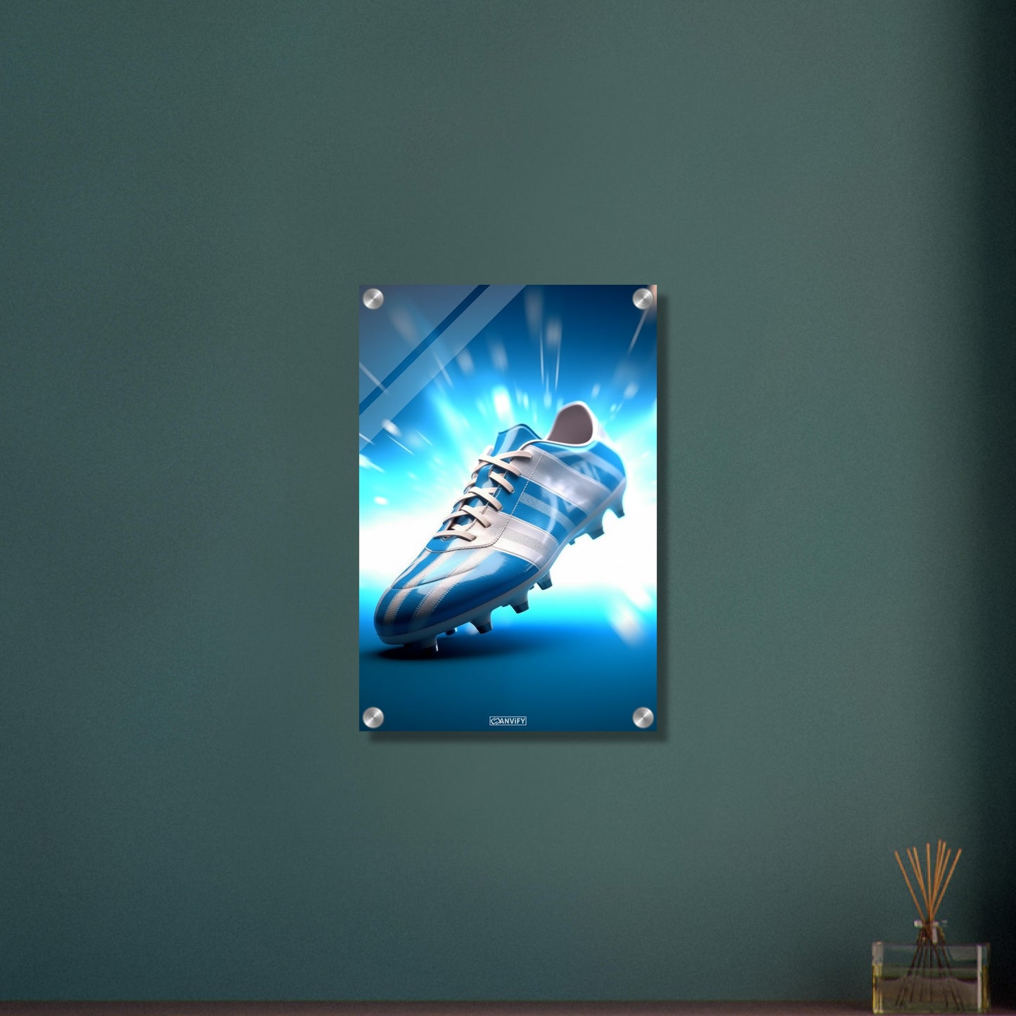 Fußballschuh in Farben von Argentinien auf einem Acrylbild