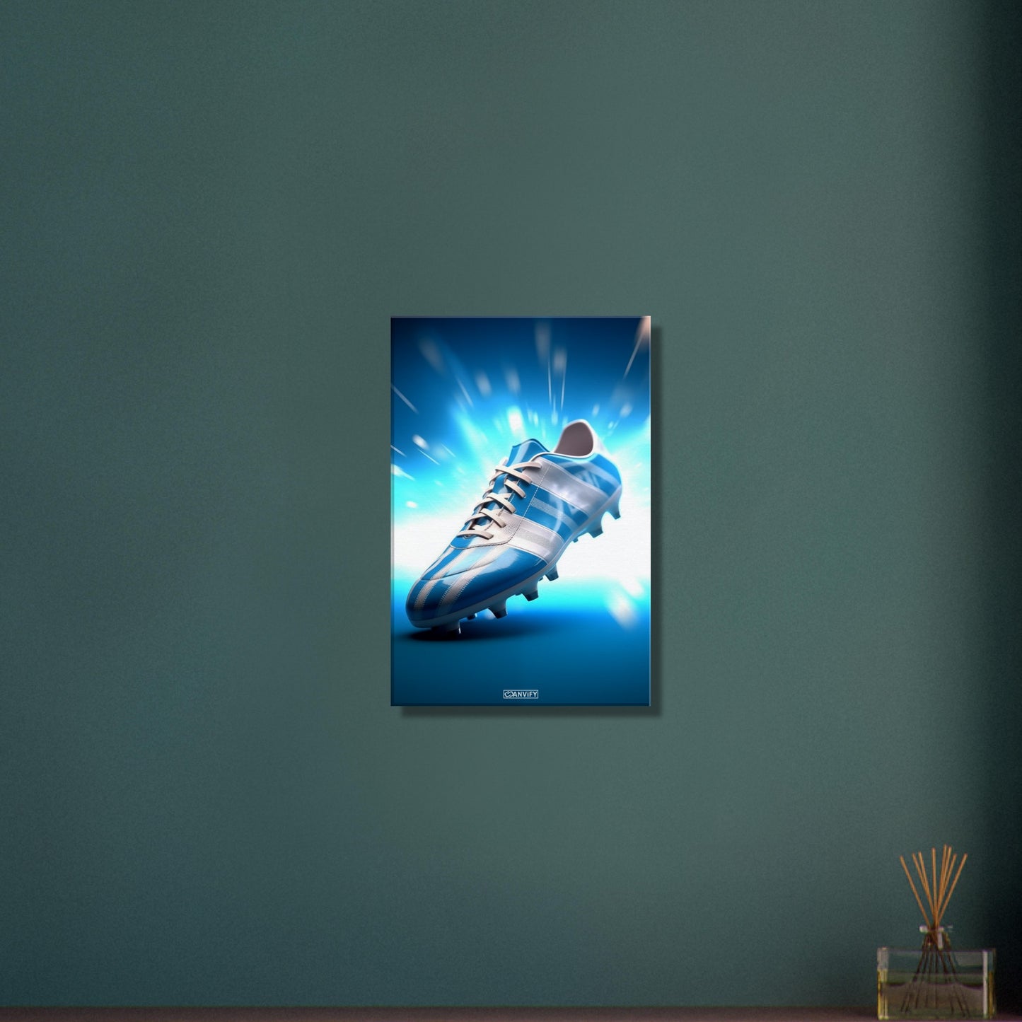 Fußballschuh in Farben von Argentinien auf einer Leinwand