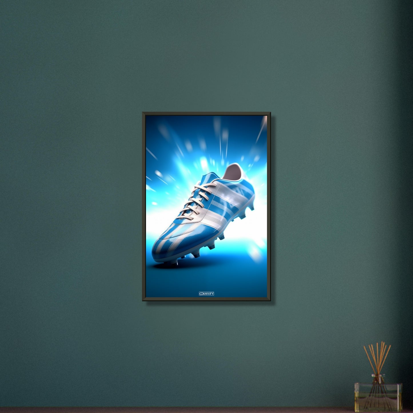 Fußballschuh in Farben von Argentinien auf einem Poster im Metallrahmen