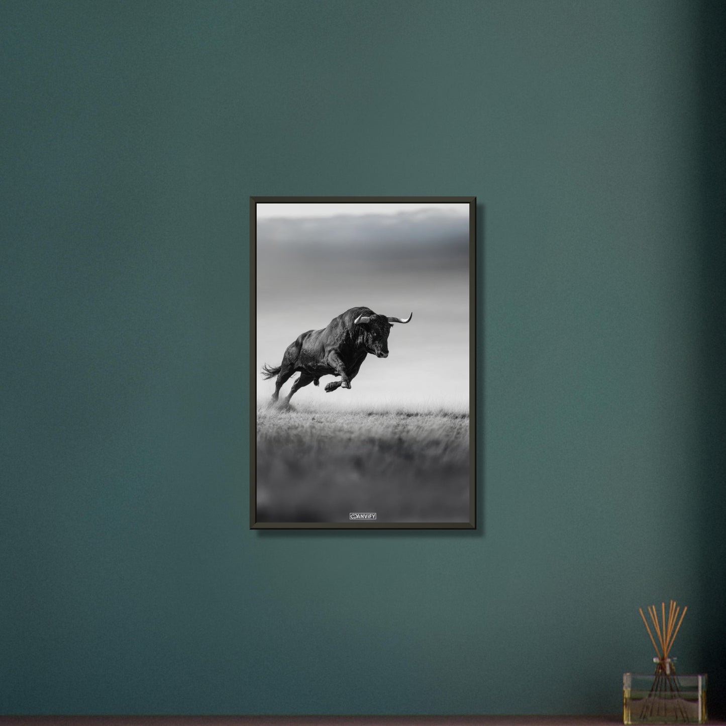 Spanischer Bulle in Schwarz und Weiß auf einem Poster im Metallrahmen